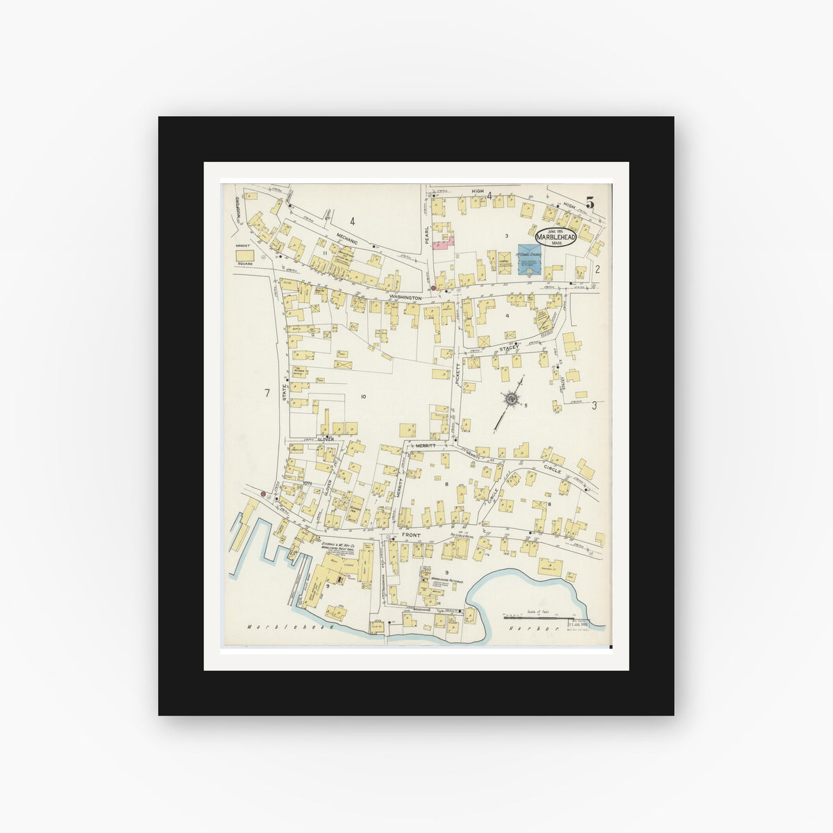 Old map wall art mockup — black gallery frame with white mat — Sanborn Fire Insurance Map from Marblehead, Essex County, Massachusetts (1915), Sheet #0005