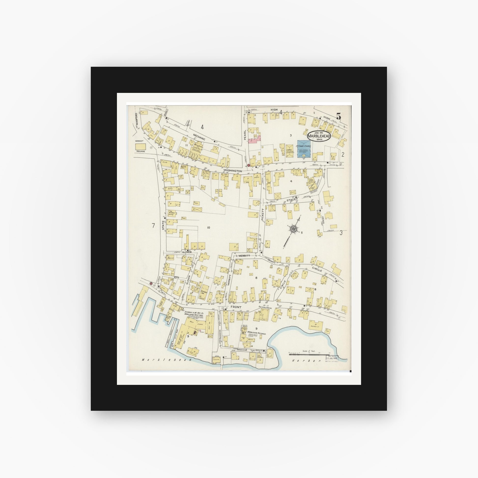 Old map wall art mockup — black gallery frame with white mat — Sanborn Fire Insurance Map from Marblehead, Essex County, Massachusetts (1915), Sheet #0005