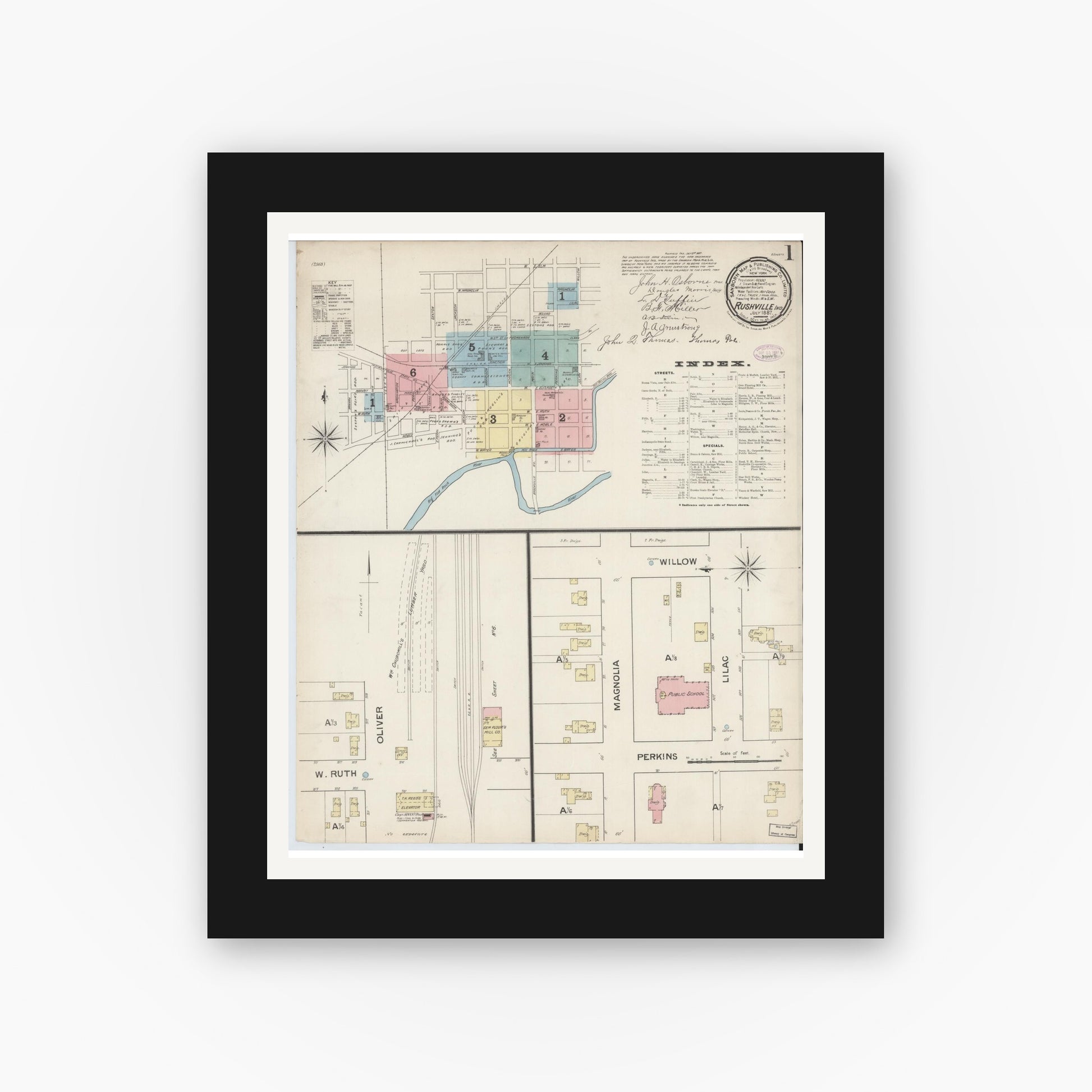 Old map wall art mockup — black gallery frame with white mat — Sanborn Fire Insurance Map from Rushville, Rush County, Indiana (1887) - Complete Map Set