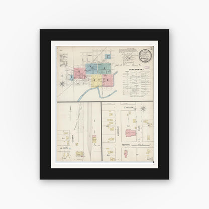 Old map wall art mockup — black gallery frame with white mat — Sanborn Fire Insurance Map from Rushville, Rush County, Indiana (1887) - Complete Map Set