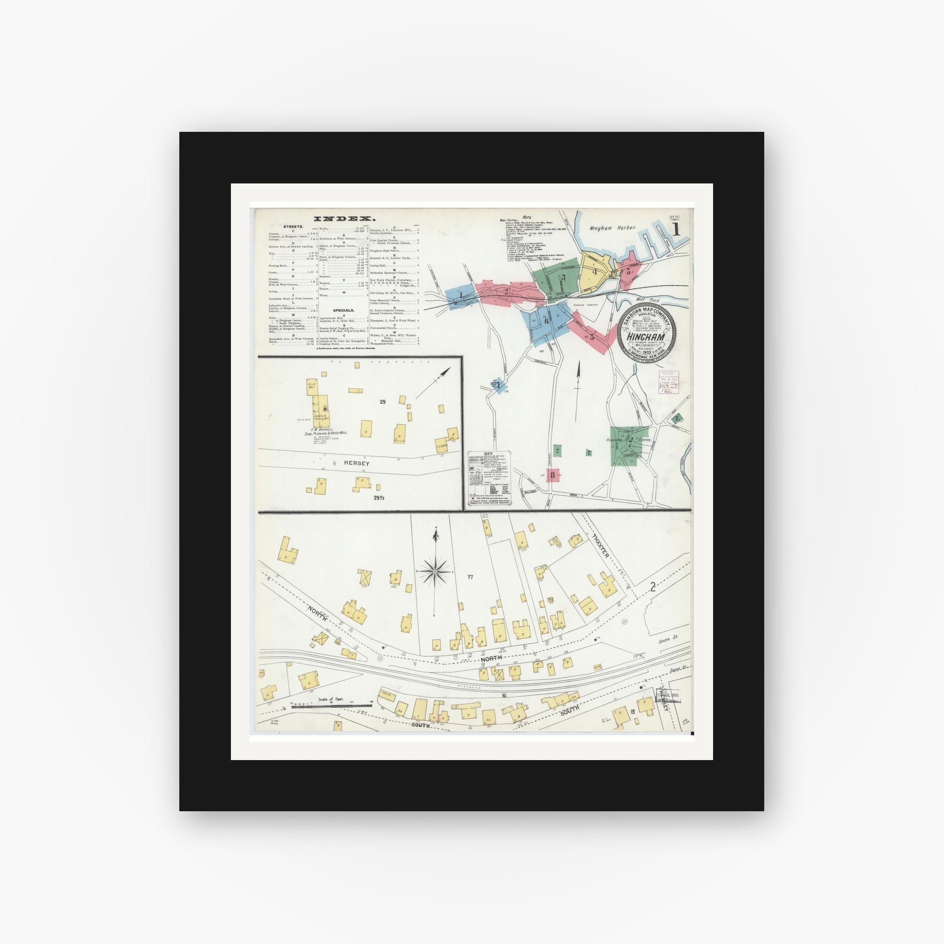 Old map wall art mockup — black gallery frame with white mat — Sanborn Fire Insurance Map from Hingham, Plymouth County, Massachusetts (1903) - Complete Map Set