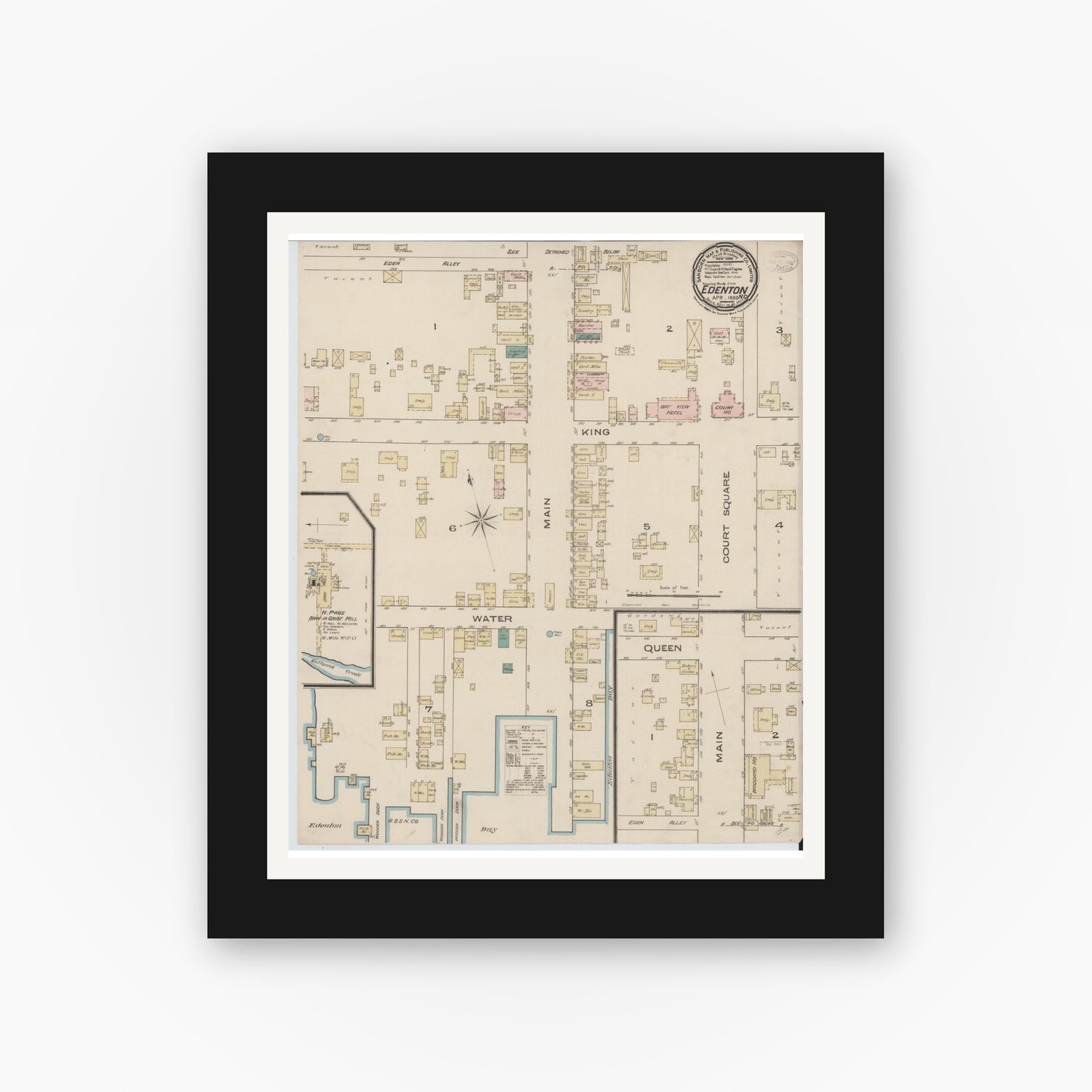 Old map wall art mockup — black gallery frame with white mat — Sanborn Fire Insurance Map from Edenton, Chowan County, North Carolina (1885), Sheet #0001