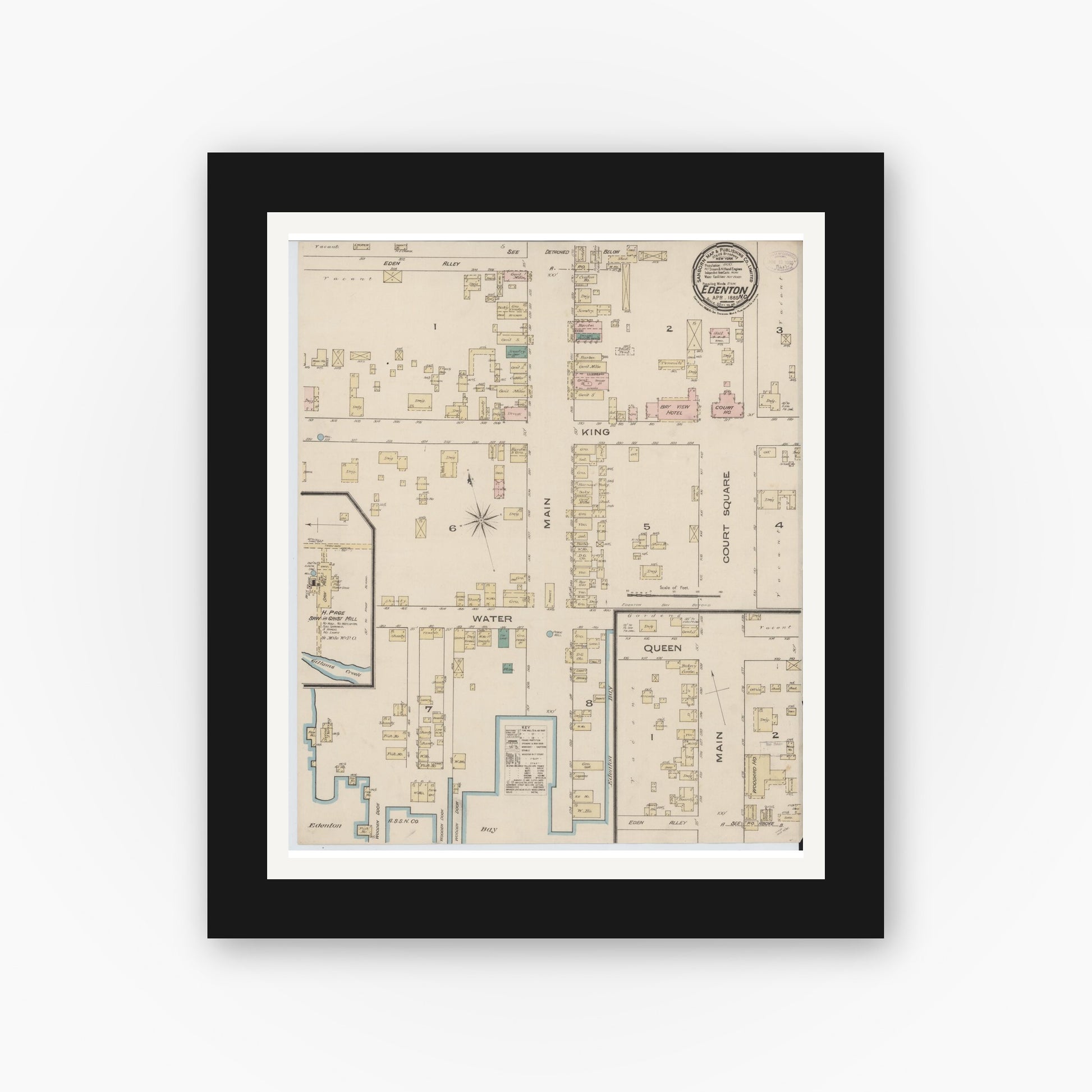 Old map wall art mockup — black gallery frame with white mat — Sanborn Fire Insurance Map from Edenton, Chowan County, North Carolina (1885), Sheet #0001