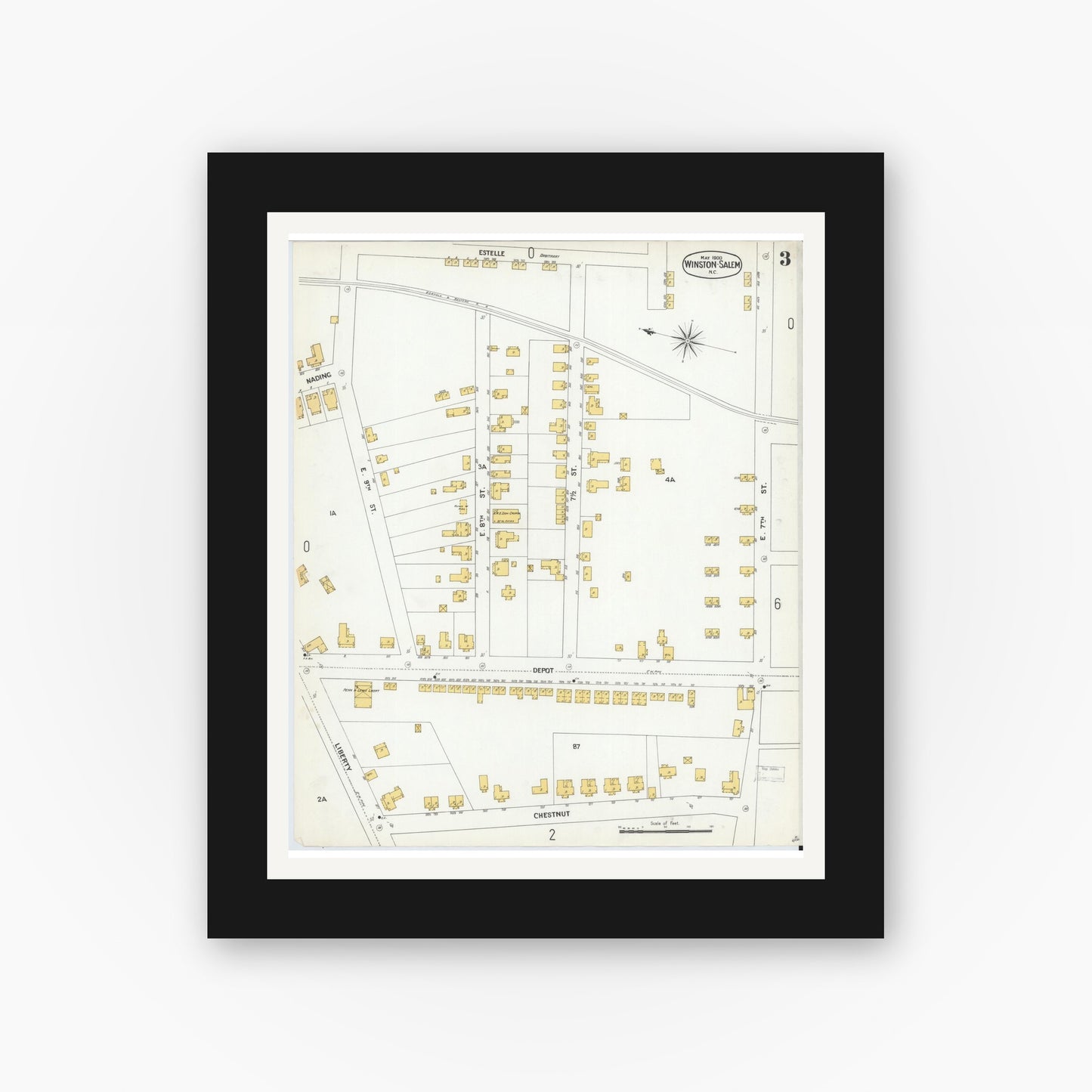 Old map wall art mockup — black gallery frame with white mat — Sanborn Fire Insurance Map from Winston-Salem, Forsyth County, North Carolina (1900), Sheet #0003