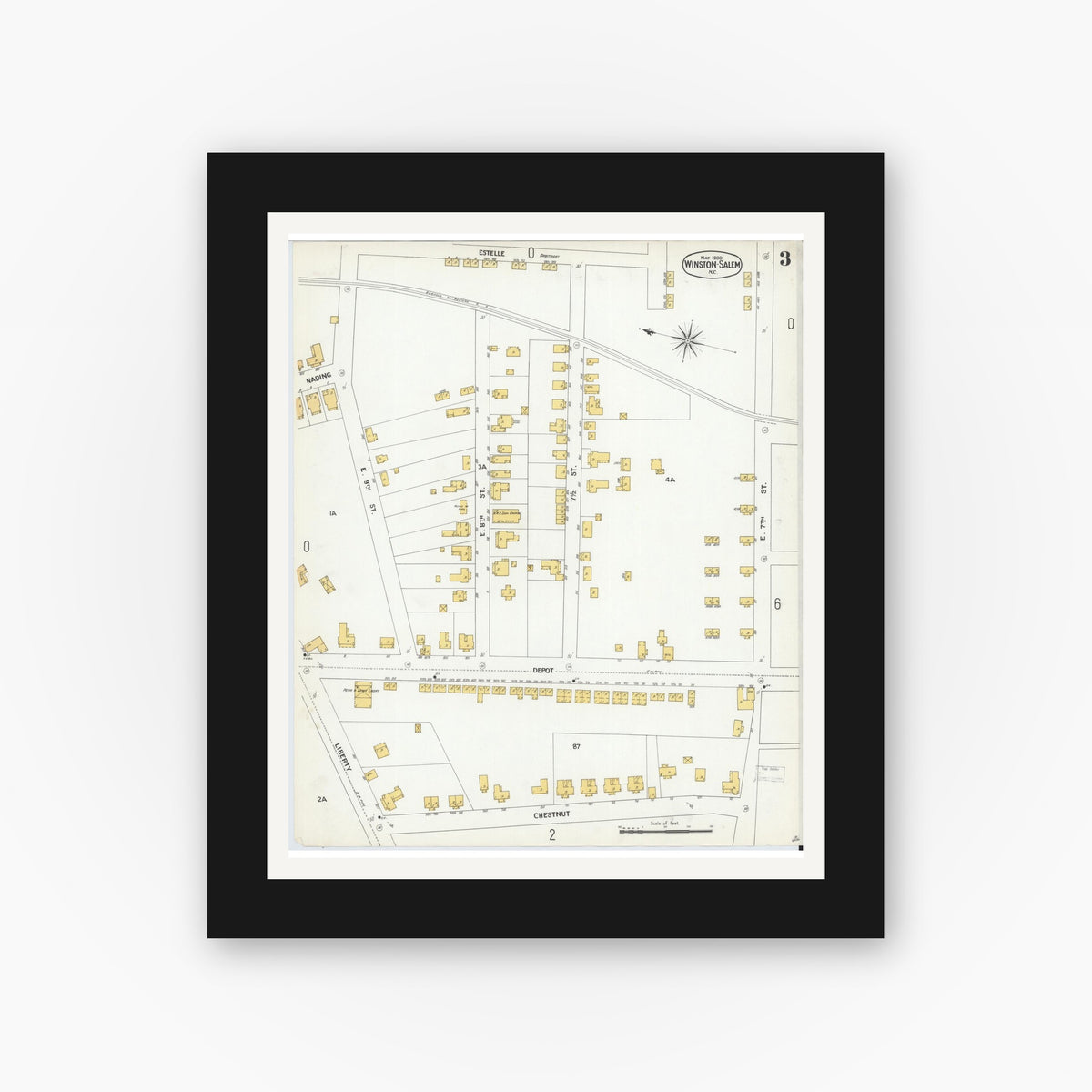Old map wall art mockup — black gallery frame with white mat — Sanborn Fire Insurance Map from Winston-Salem, Forsyth County, North Carolina (1900), Sheet #0003