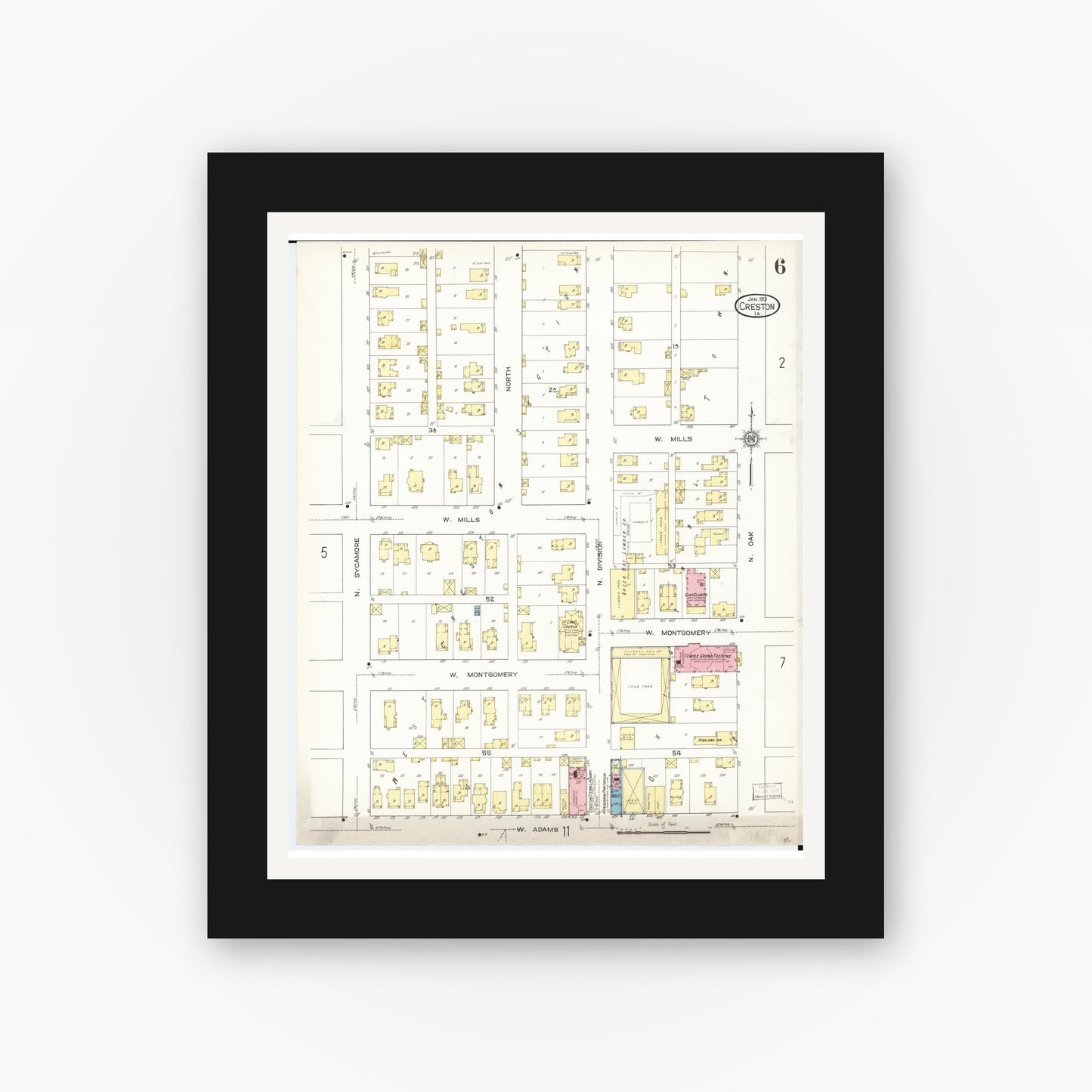 Old map wall art mockup — black gallery frame with white mat — Sanborn Fire Insurance Map from Creston, Union County, Iowa (1913), Sheet #0006