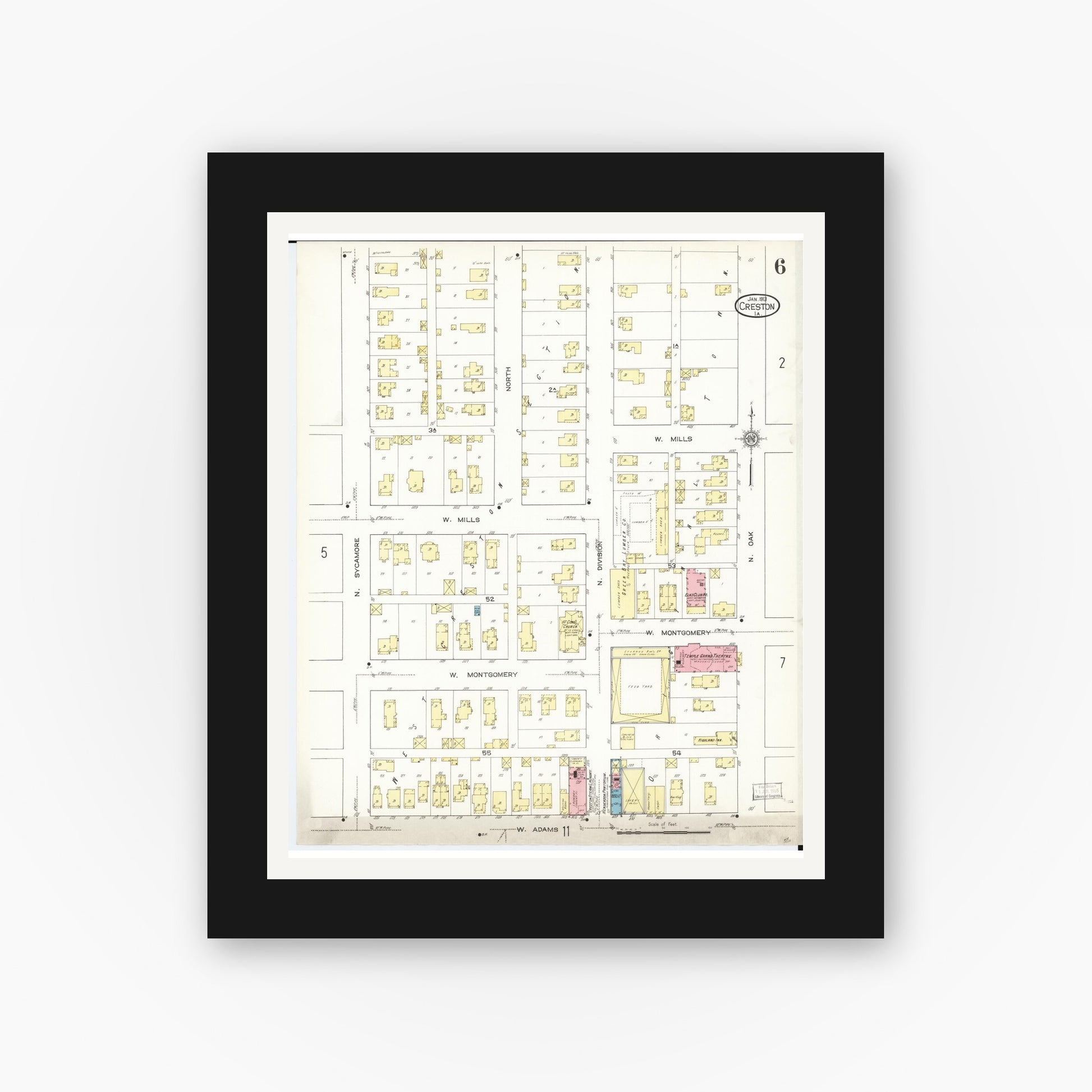 Old map wall art mockup — black gallery frame with white mat — Sanborn Fire Insurance Map from Creston, Union County, Iowa (1913), Sheet #0006