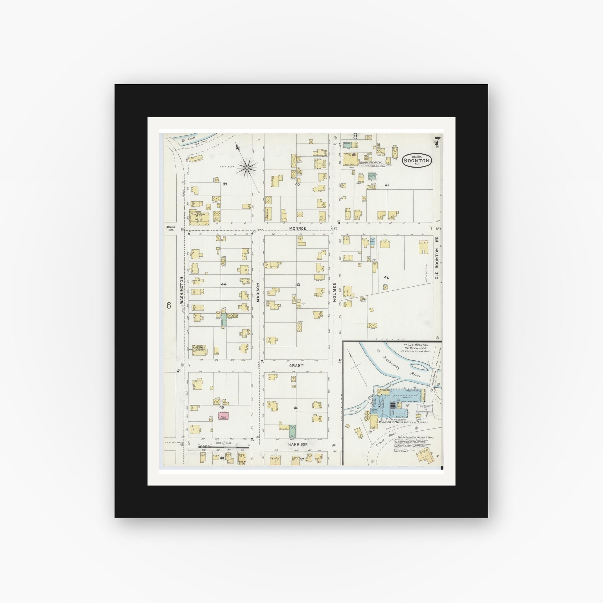 Old map wall art mockup — black gallery frame with white mat — Sanborn Fire Insurance Map from Boonton, Morris County, New Jersey (1896), Sheet #0007