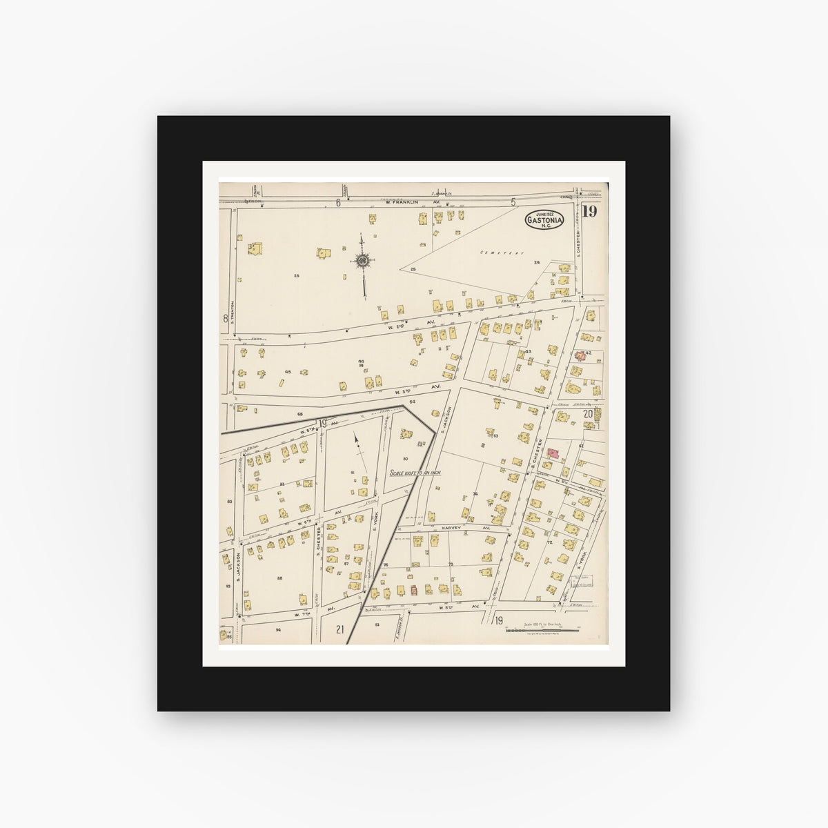 Old map wall art mockup — black gallery frame with white mat — Sanborn Fire Insurance Map from Gastonia, Gaston County, North Carolina (1922), Sheet #0019