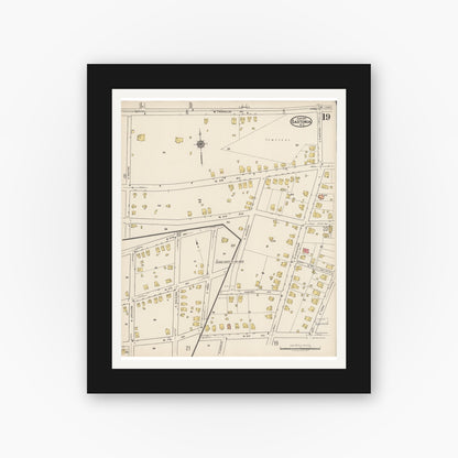 Old map wall art mockup — black gallery frame with white mat — Sanborn Fire Insurance Map from Gastonia, Gaston County, North Carolina (1922), Sheet #0019