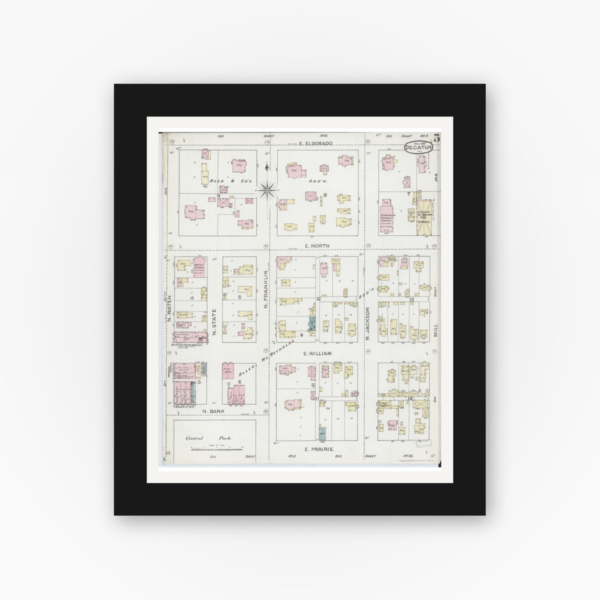 Old map wall art mockup — black gallery frame with white mat — Sanborn Fire Insurance Map from Decatur, Macon County, Illinois (1887), Sheet #0005