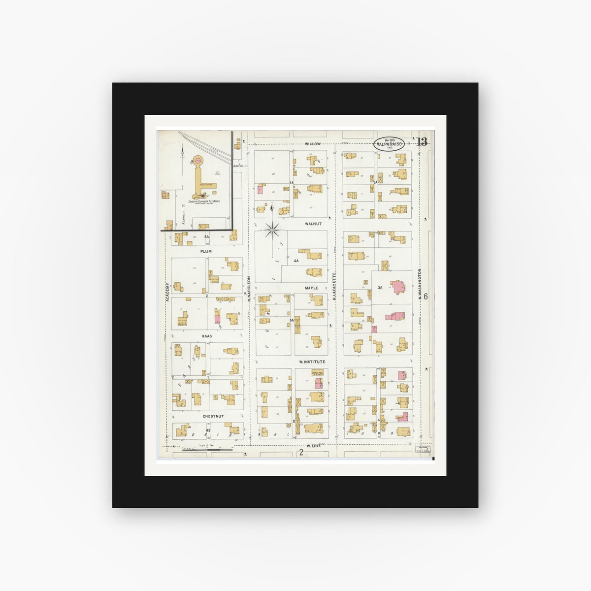 Old map wall art mockup — black gallery frame with white mat — Sanborn Fire Insurance Map from Valparaiso, Porter County, Indiana (1899), Sheet #0013