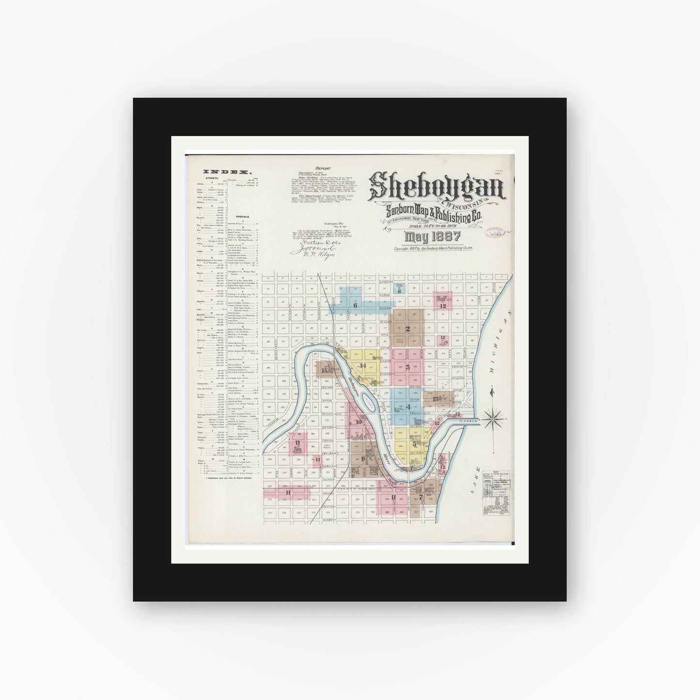 Old map wall art mockup — black gallery frame with white mat — Sanborn Fire Insurance Map from Sheboygan, Sheboygan County, Wisconsin (1887) - Complete Map Set