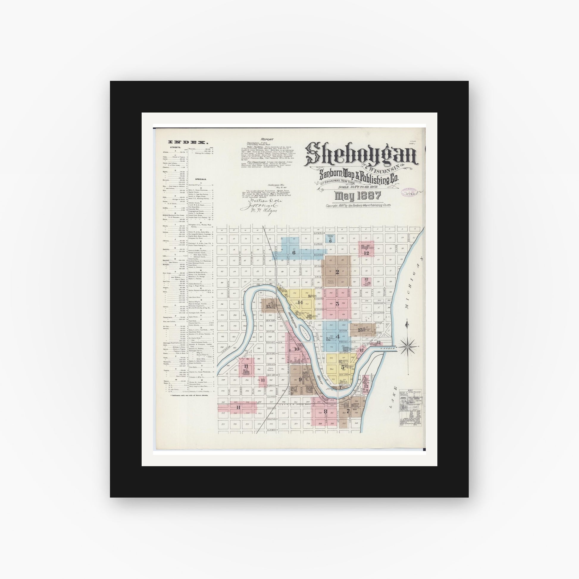 Old map wall art mockup — black gallery frame with white mat — Sanborn Fire Insurance Map from Sheboygan, Sheboygan County, Wisconsin (1887) - Complete Map Set
