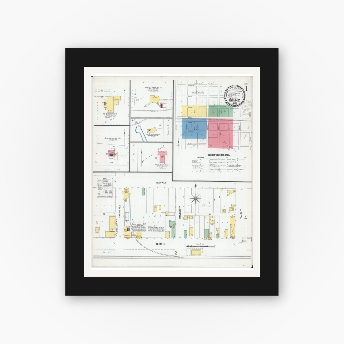 Old map wall art mockup — black gallery frame with white mat — Sanborn Fire Insurance Map from Dexter, Stoddard County, Missouri (1900) - Complete Map Set