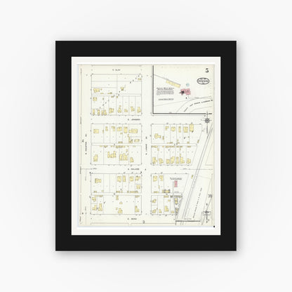Old map wall art mockup — black gallery frame with white mat — Sanborn Fire Insurance Map from Denison, Grayson County, Texas (1914), Sheet #0005