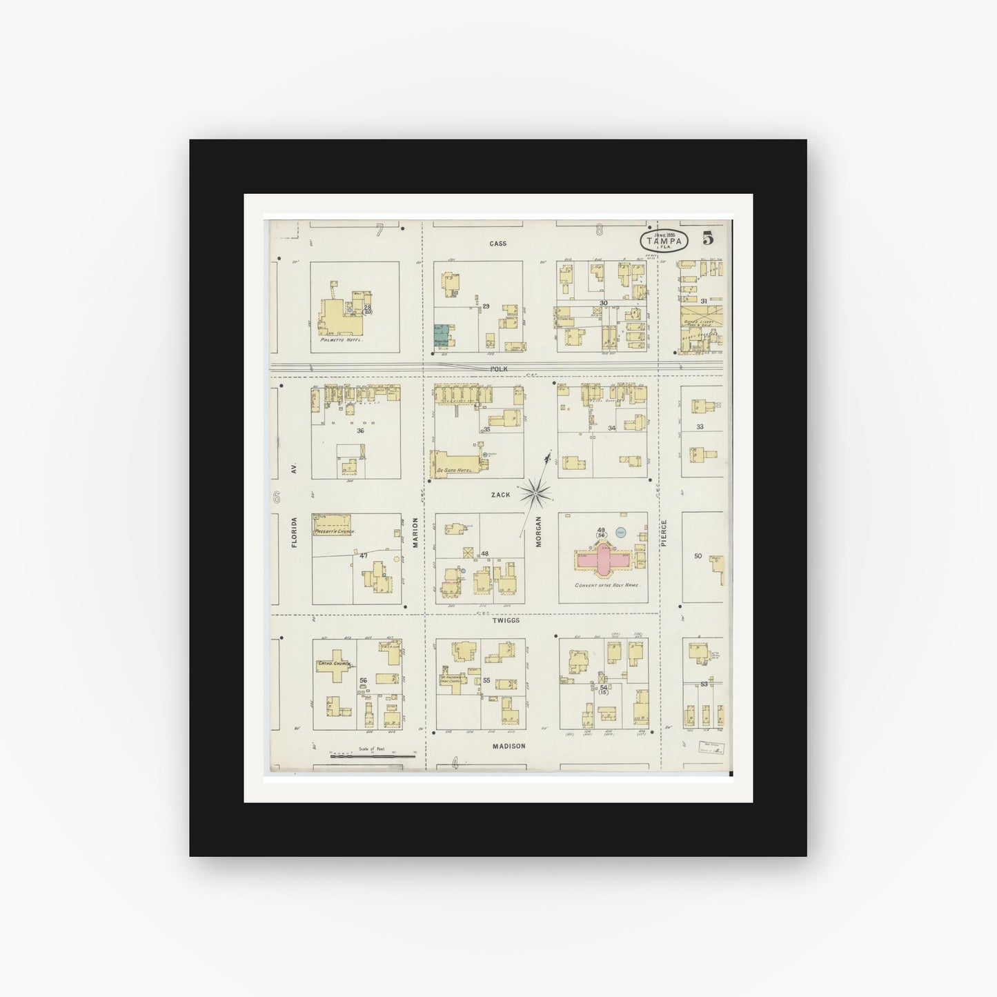 Old map wall art mockup — black gallery frame with white mat — Sanborn Fire Insurance Map from Tampa, Hillsborough County, Florida (1895), Sheet #0009