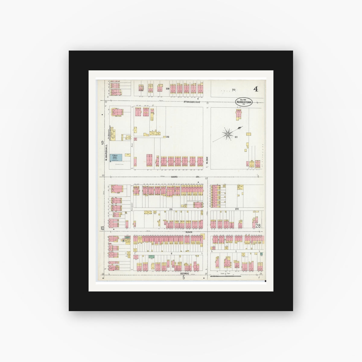 Old map wall art mockup — black gallery frame with white mat — Sanborn Fire Insurance Map from Norristown, Montgomery County, Pennsylvania (1902), Sheet #0004