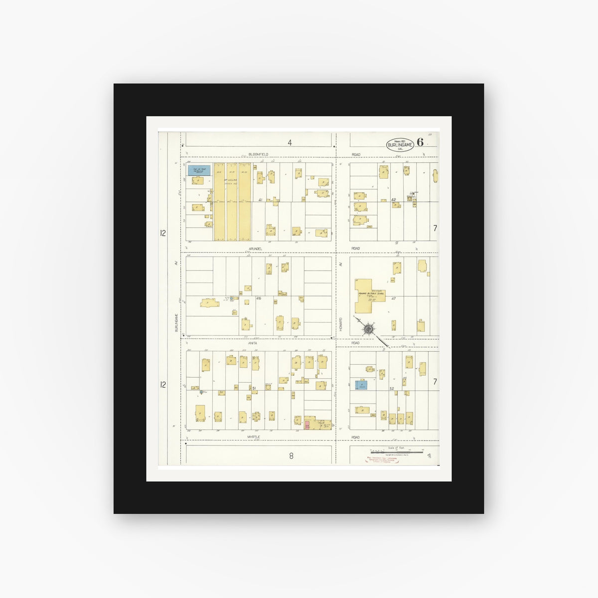 Old map wall art mockup — black gallery frame with white mat — Sanborn Fire Insurance Map from Burlingame, San Mateo County, California (1921), Sheet #0006