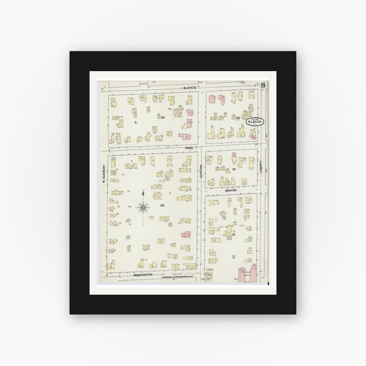 Old map wall art mockup — black gallery frame with white mat — Sanborn Fire Insurance Map from Albion, Orleans County, New York (1889), Sheet #0003