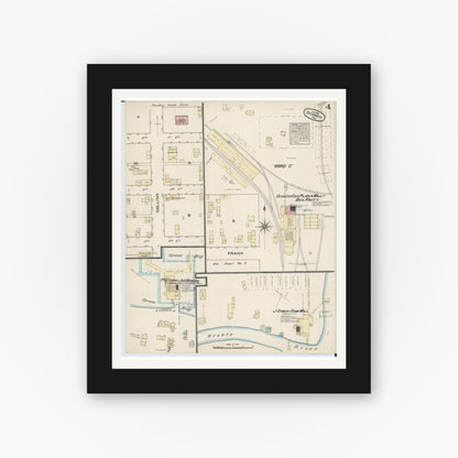 Old map wall art mockup — black gallery frame with white mat — Sanborn Fire Insurance Map from Oconto, Oconto County, Wisconsin (1883), Sheet #0004