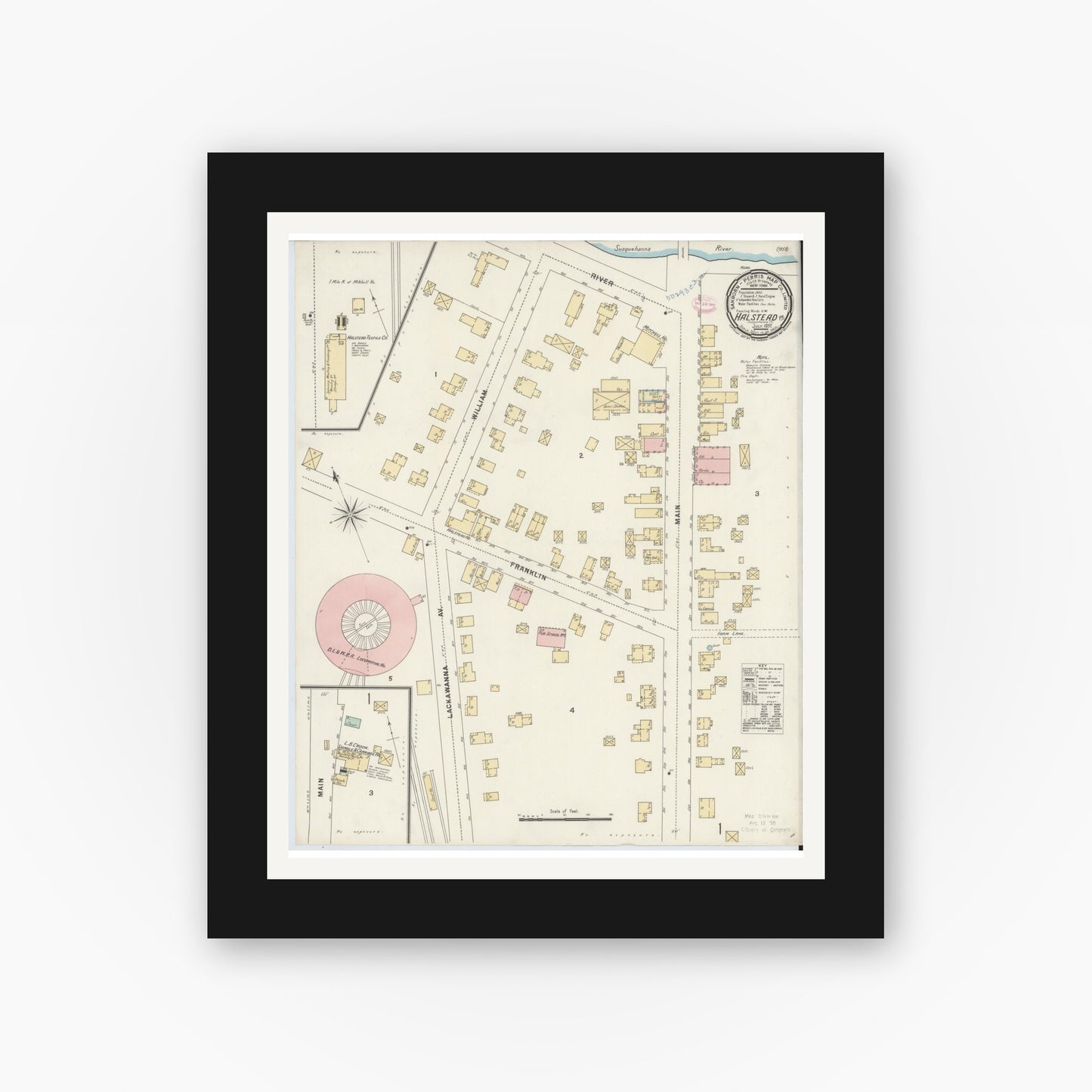 Old map wall art mockup — black gallery frame with white mat — Sanborn Fire Insurance Map from Hallstead, Susquehanna County, Pennsylvania (1897), Sheet #0001