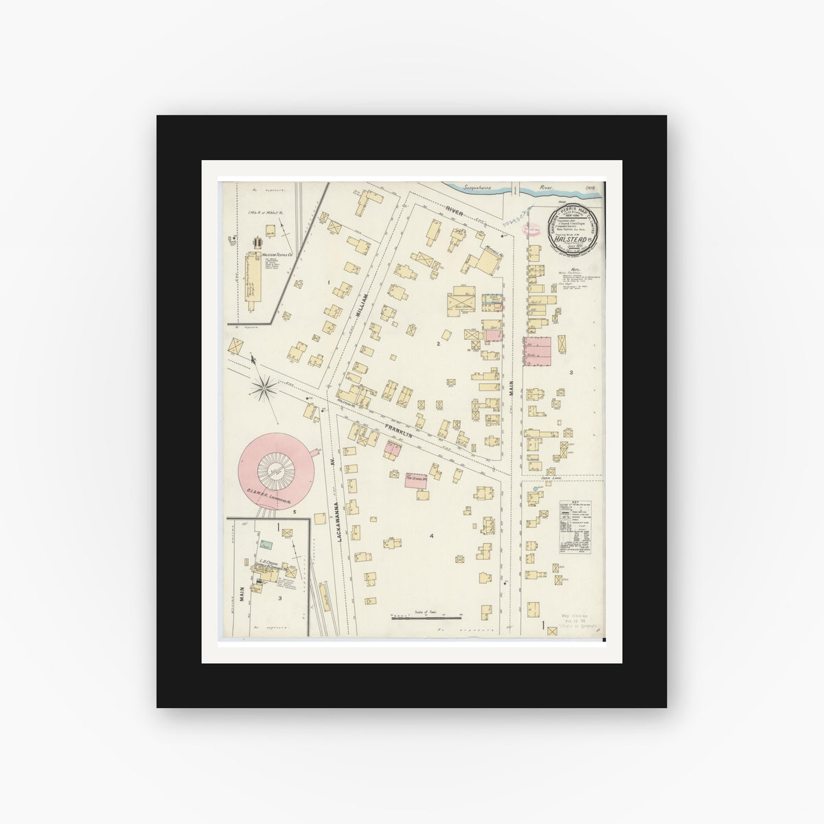 Old map wall art mockup — black gallery frame with white mat — Sanborn Fire Insurance Map from Hallstead, Susquehanna County, Pennsylvania (1897), Sheet #0001