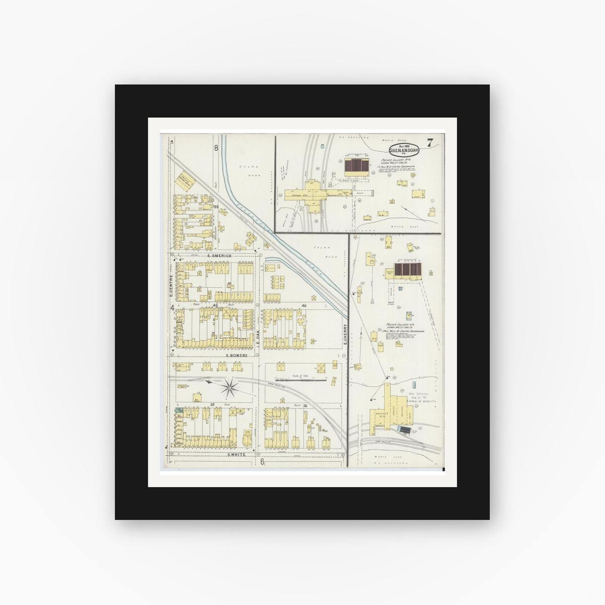 Old map wall art mockup — black gallery frame with white mat — Sanborn Fire Insurance Map from Shenandoah, Schuylkill County, Pennsylvania (1896), Sheet #0007