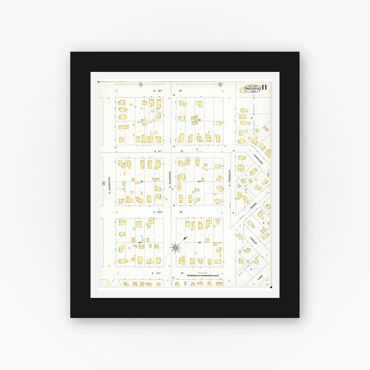 Old map wall art mockup — black gallery frame with white mat — Sanborn Fire Insurance Map from Waterloo, Black Hawk County, Iowa (1900), Sheet #0011