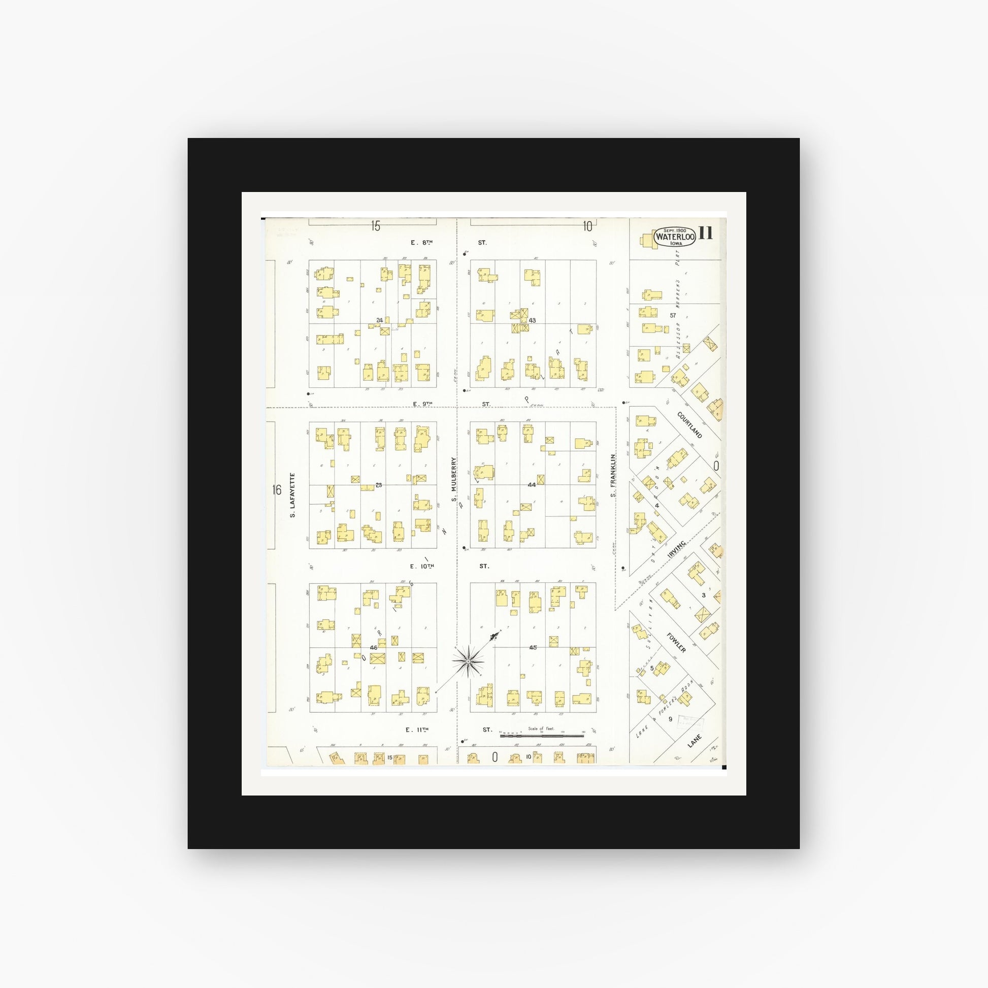 Old map wall art mockup — black gallery frame with white mat — Sanborn Fire Insurance Map from Waterloo, Black Hawk County, Iowa (1900), Sheet #0011