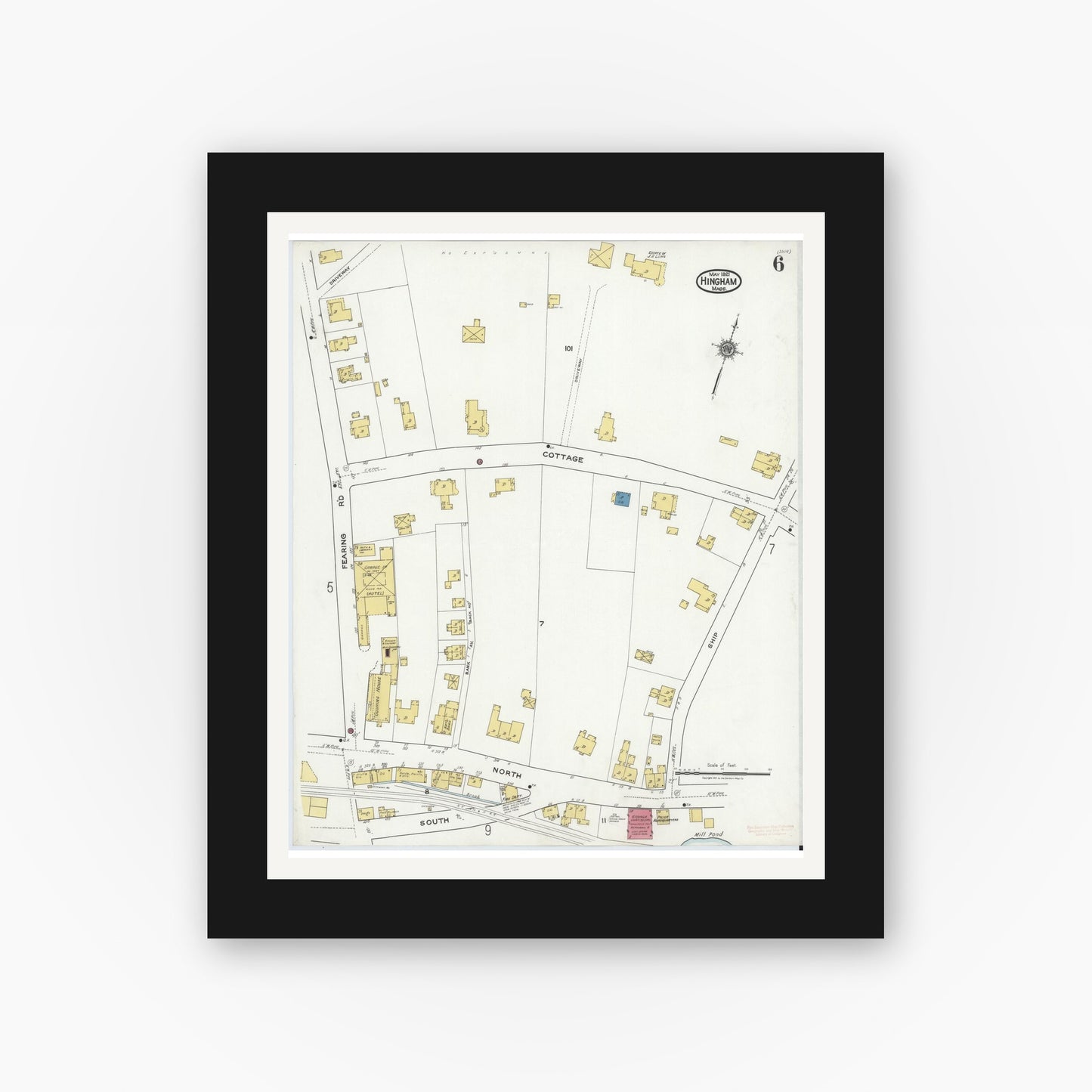 Old map wall art mockup — black gallery frame with white mat — Sanborn Fire Insurance Map from Hingham, Plymouth County, Massachusetts (1921), Sheet #0006