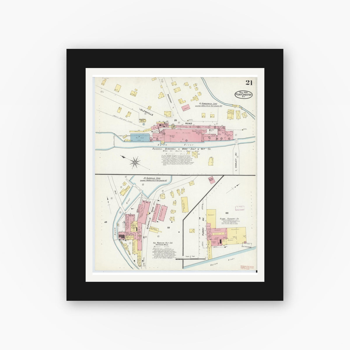 Old map wall art mockup — black gallery frame with white mat — Sanborn Fire Insurance Map from Port Chester, Westchester County, New York (1908), Sheet #0021