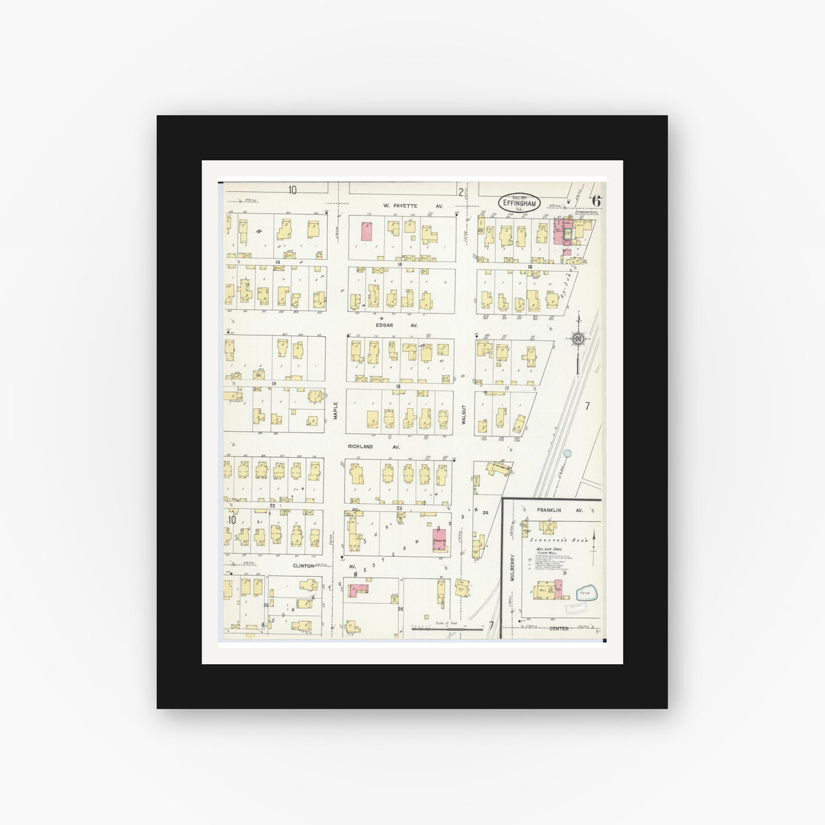 Old map wall art mockup — black gallery frame with white mat — Sanborn Fire Insurance Map from Effingham, Effingham County, Illinois (1911), Sheet #0006