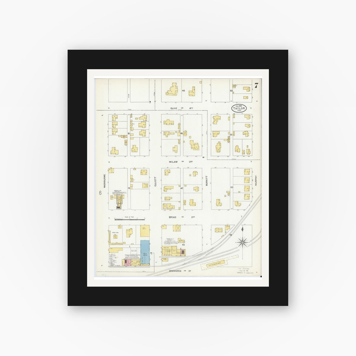 Old map wall art mockup — black gallery frame with white mat — Sanborn Fire Insurance Map from Taylor, Williamson County, Texas (1904), Sheet #0007