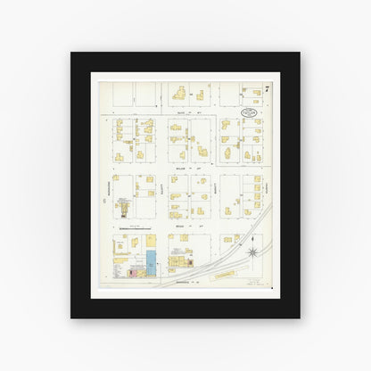 Old map wall art mockup — black gallery frame with white mat — Sanborn Fire Insurance Map from Taylor, Williamson County, Texas (1904), Sheet #0007