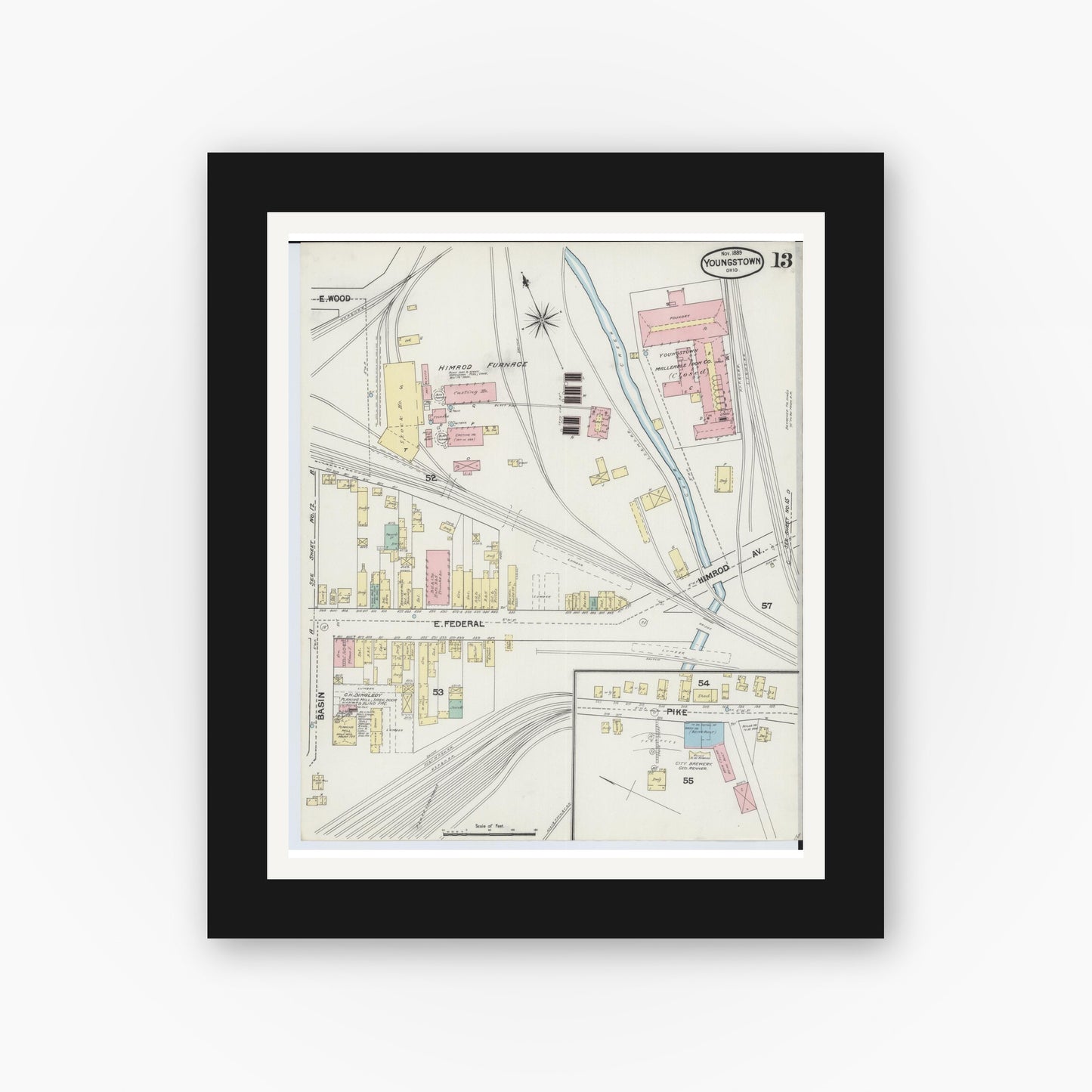 Old map wall art mockup — black gallery frame with white mat — Sanborn Fire Insurance Map from Youngstown, Mahoning County, Ohio (1889), Sheet #0013