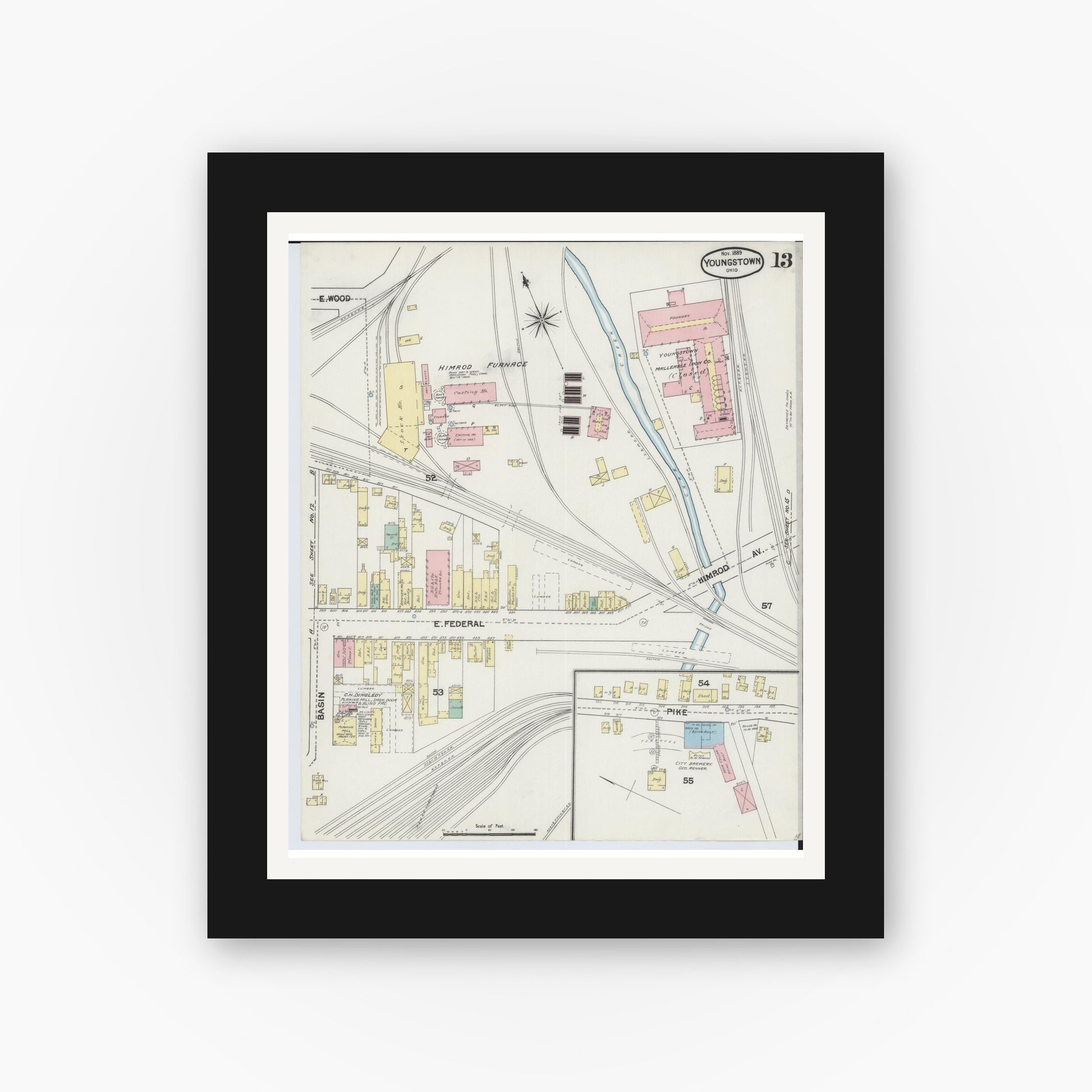 Old map wall art mockup — black gallery frame with white mat — Sanborn Fire Insurance Map from Youngstown, Mahoning County, Ohio (1889), Sheet #0013
