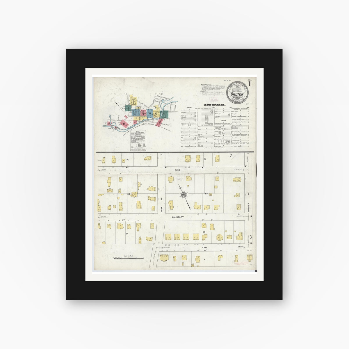 Old map wall art mockup — black gallery frame with white mat — Sanborn Fire Insurance Map from Dalton, Berkshire County, Massachusetts (1911) - Complete Map Set