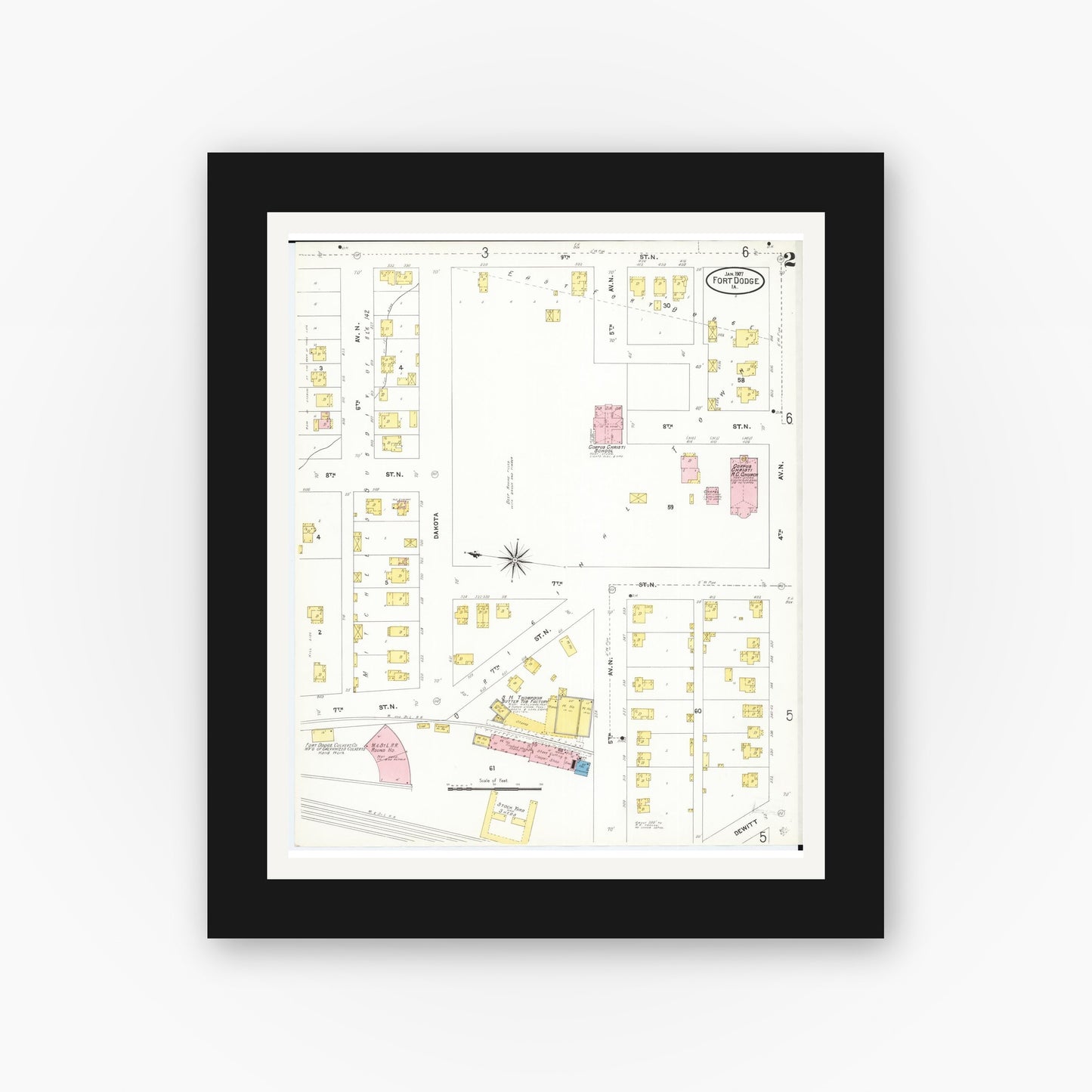 Old map wall art mockup — black gallery frame with white mat — Sanborn Fire Insurance Map from Fort Dodge, Webster County, Iowa (1907), Sheet #0002