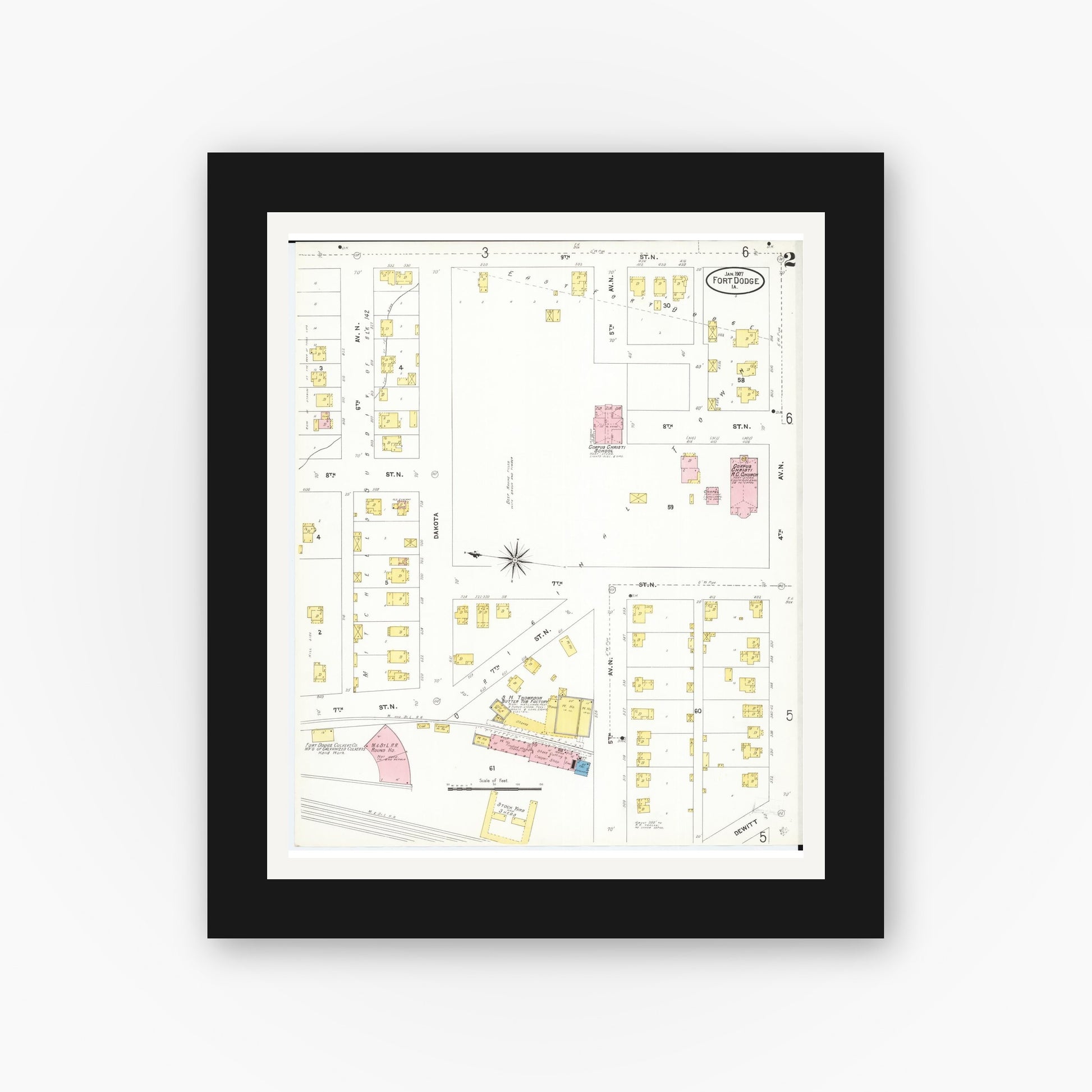 Old map wall art mockup — black gallery frame with white mat — Sanborn Fire Insurance Map from Fort Dodge, Webster County, Iowa (1907), Sheet #0002