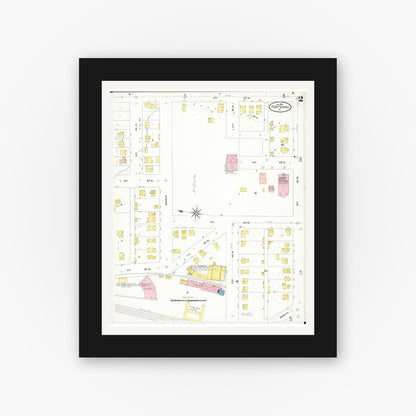 Old map wall art mockup — black gallery frame with white mat — Sanborn Fire Insurance Map from Fort Dodge, Webster County, Iowa (1907), Sheet #0002