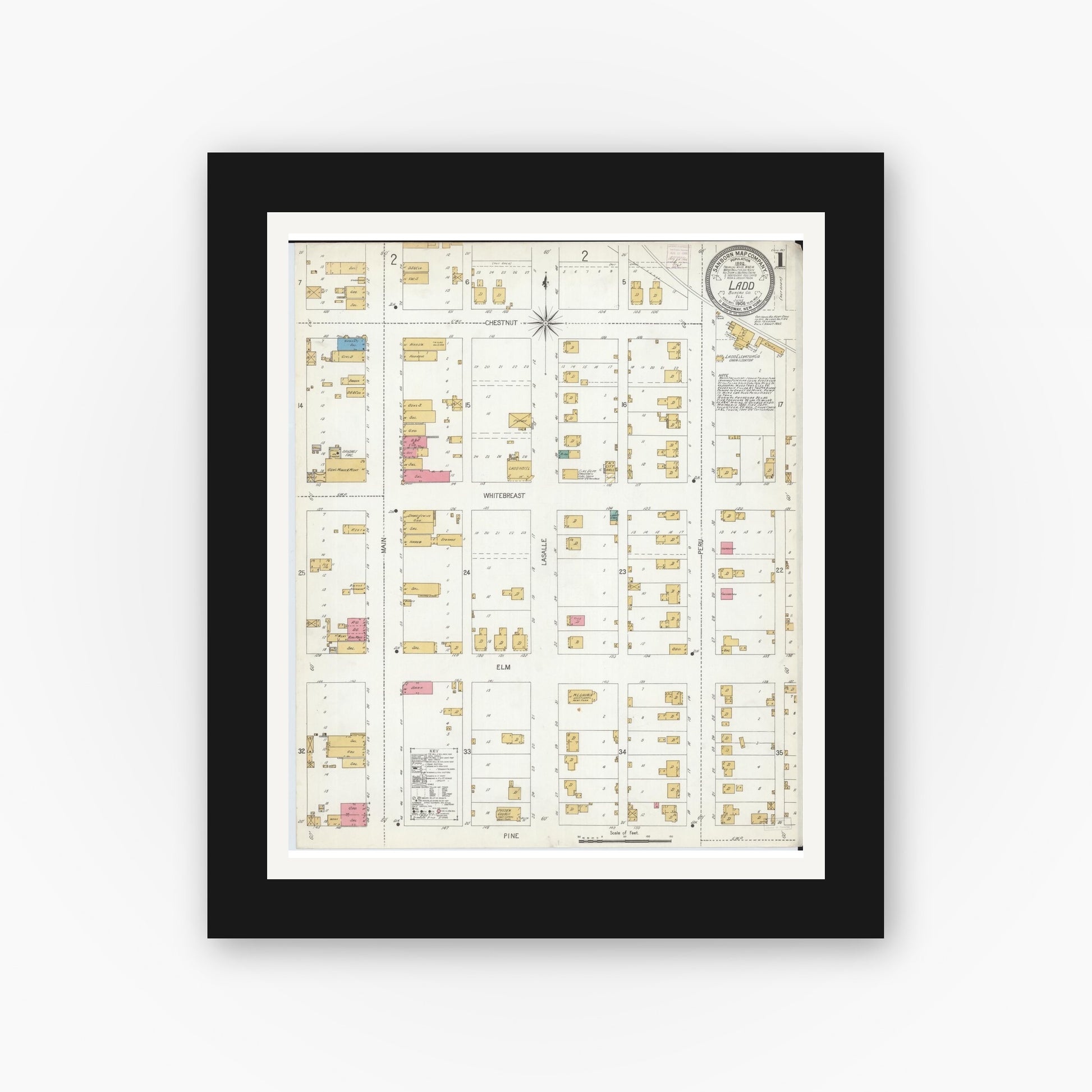 Old map wall art mockup — black gallery frame with white mat — Sanborn Fire Insurance Map from Ladd, Bureau County, Illinois (1906), Sheet #0001