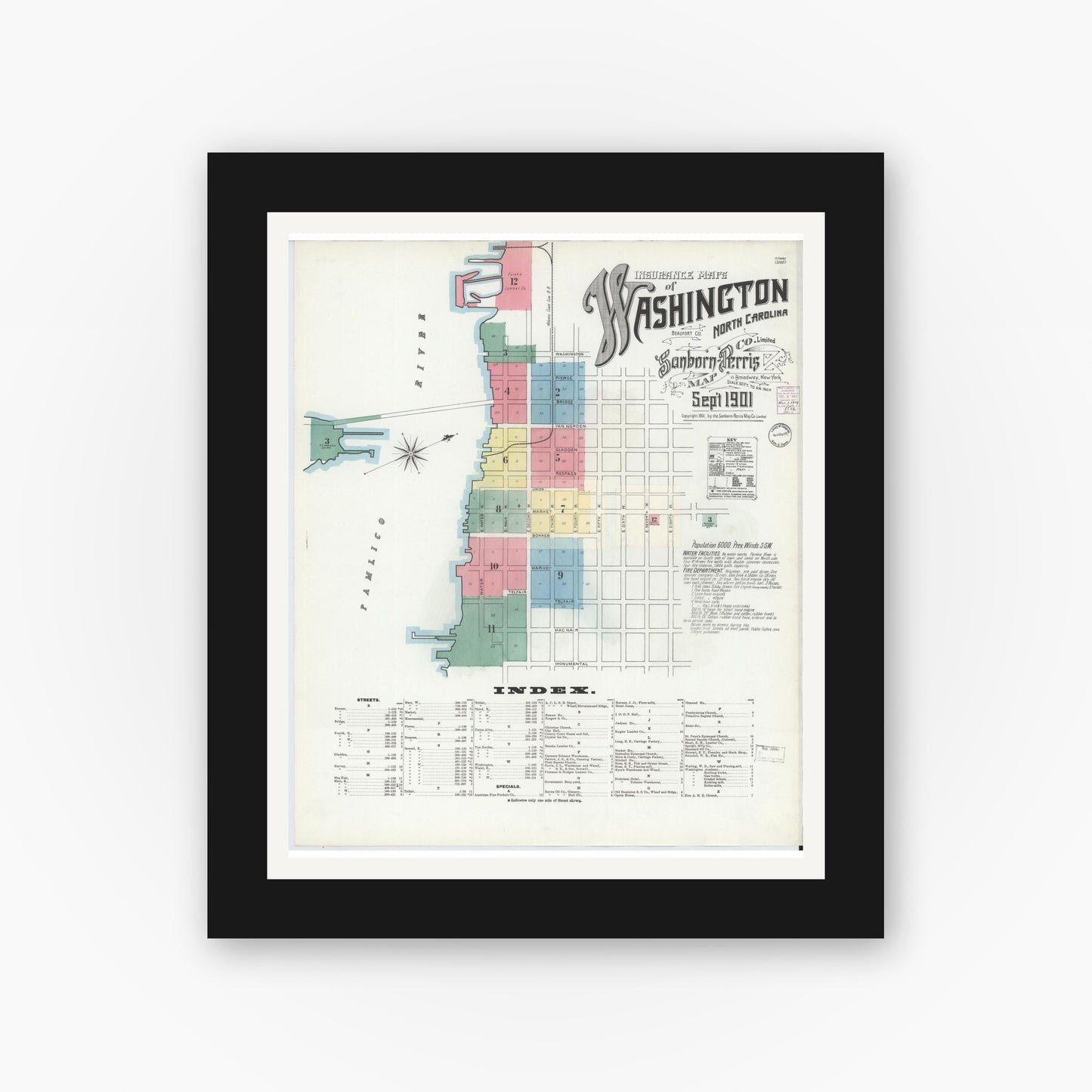 Old map wall art mockup — black gallery frame with white mat — Sanborn Fire Insurance Map from Washington, Beaufort County, North Carolina (1901) - Complete Map Set