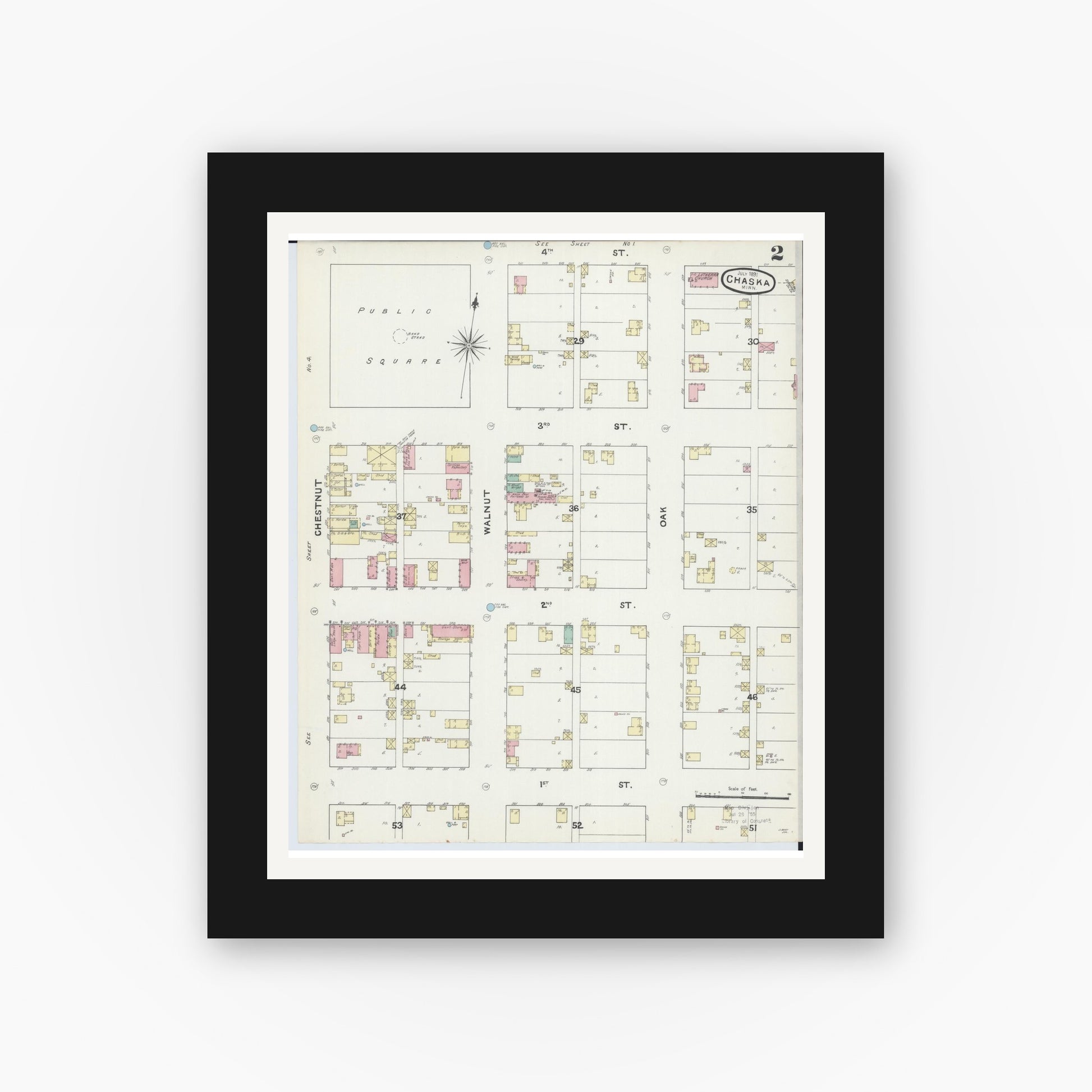 Old map wall art mockup — black gallery frame with white mat — Sanborn Fire Insurance Map from Chaska, Carver County, Minnesota (1891), Sheet #0002