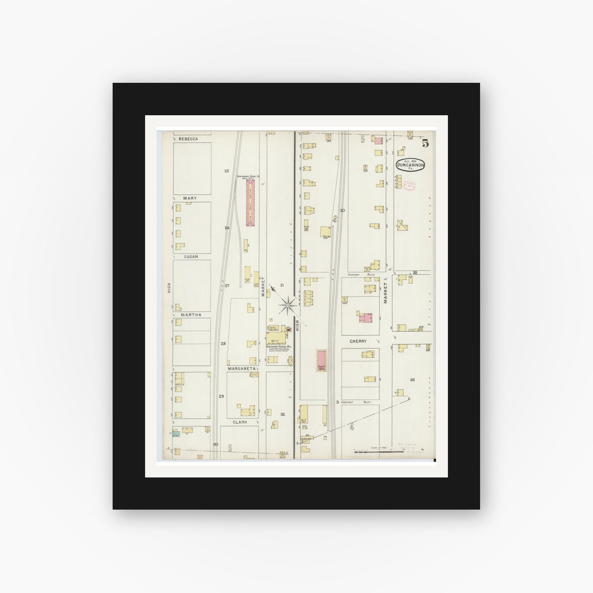 Old map wall art mockup — black gallery frame with white mat — Sanborn Fire Insurance Map from Duncannon, Perry County, Pennsylvania (1894), Sheet #0005