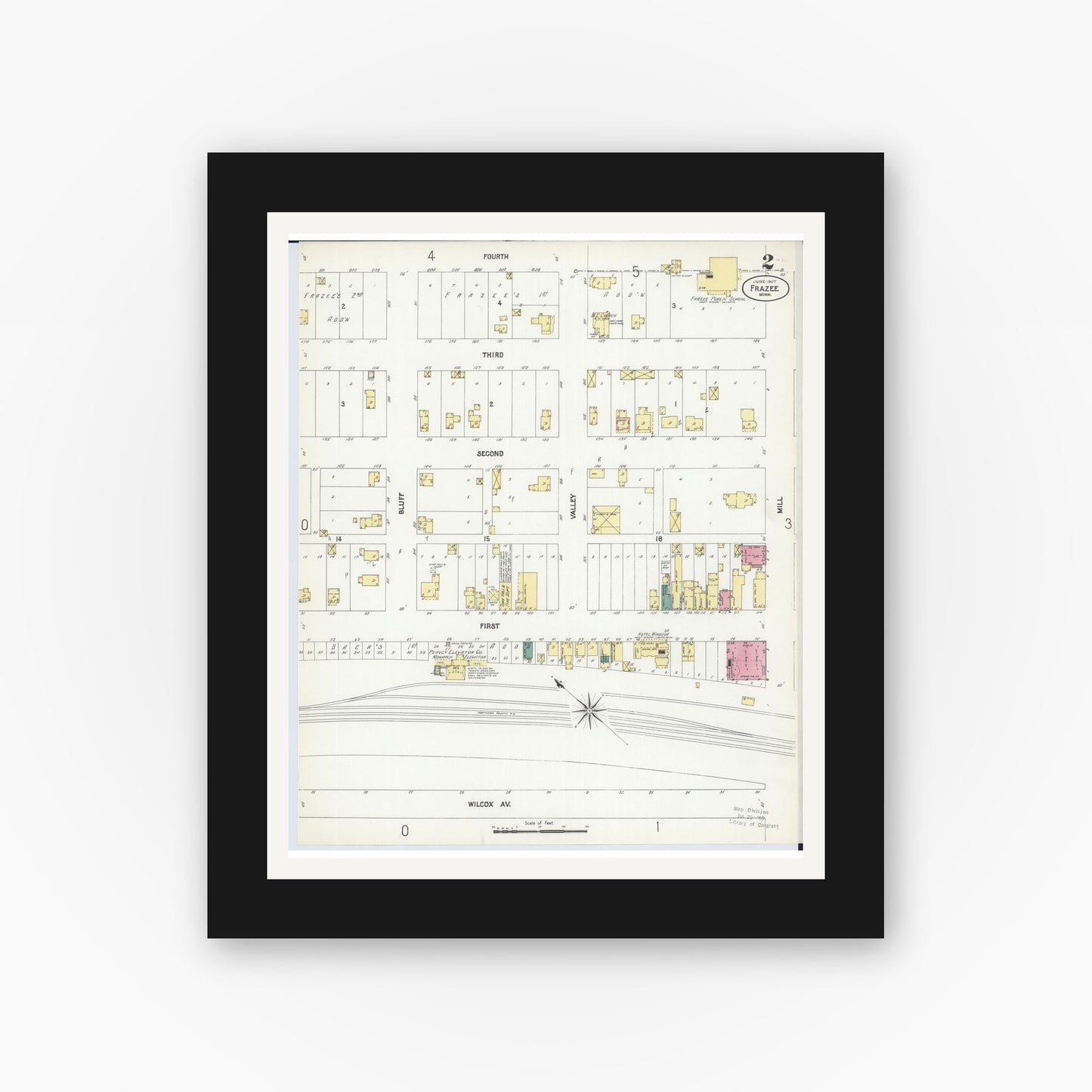 Old map wall art mockup — black gallery frame with white mat — Sanborn Fire Insurance Map from Frazee, Becker County, Minnesota (1907), Sheet #0002