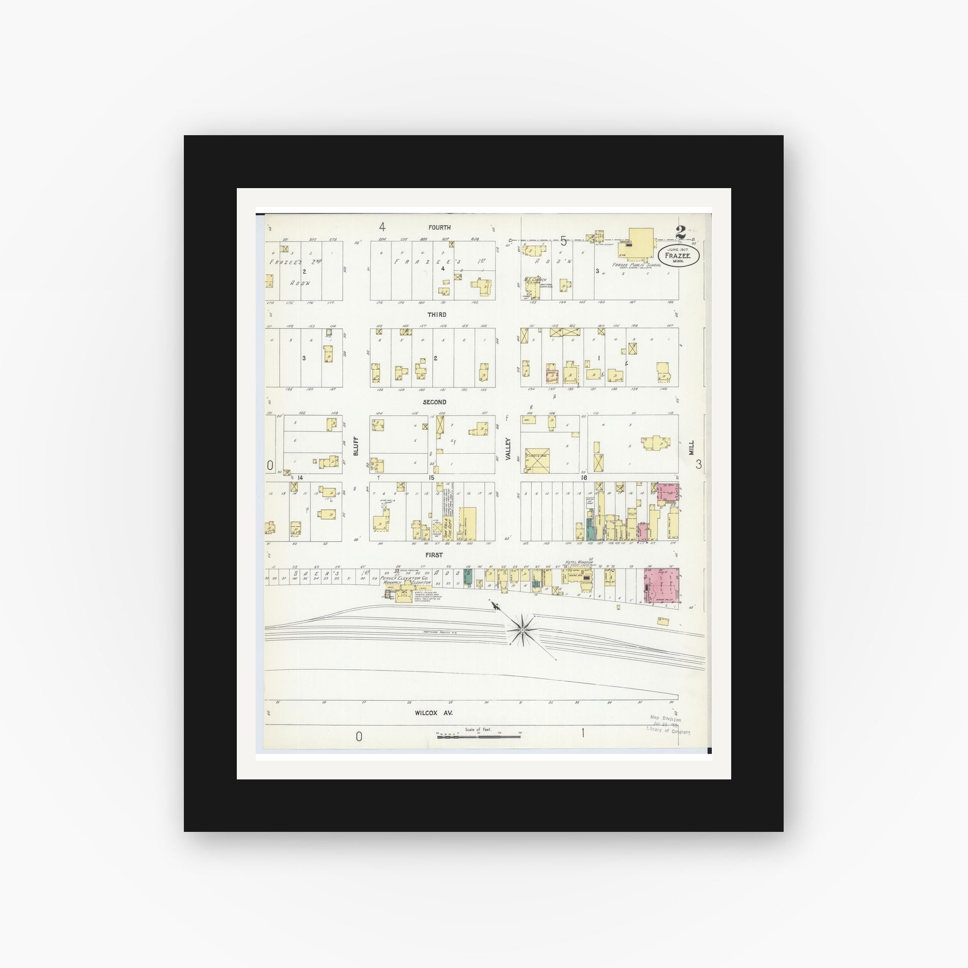 Old map wall art mockup — black gallery frame with white mat — Sanborn Fire Insurance Map from Frazee, Becker County, Minnesota (1907), Sheet #0002