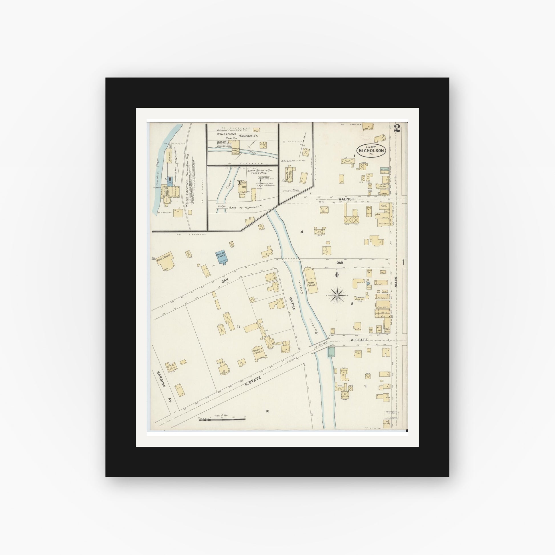 Old map wall art mockup — black gallery frame with white mat — Sanborn Fire Insurance Map from Nicholson, Wyoming County, Pennsylvania (1897), Sheet #0002