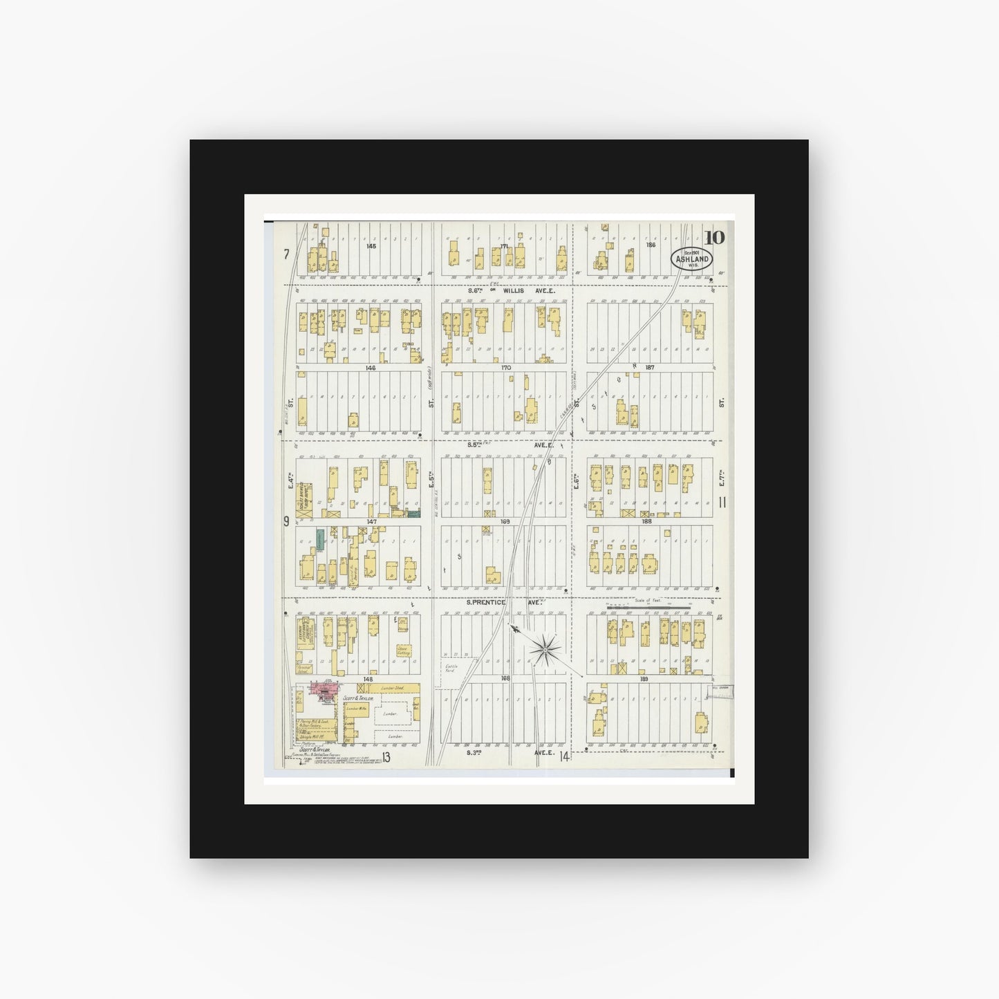 Old map wall art mockup — black gallery frame with white mat — Sanborn Fire Insurance Map from Ashland, Ashland County, Wisconsin (1901), Sheet #0010
