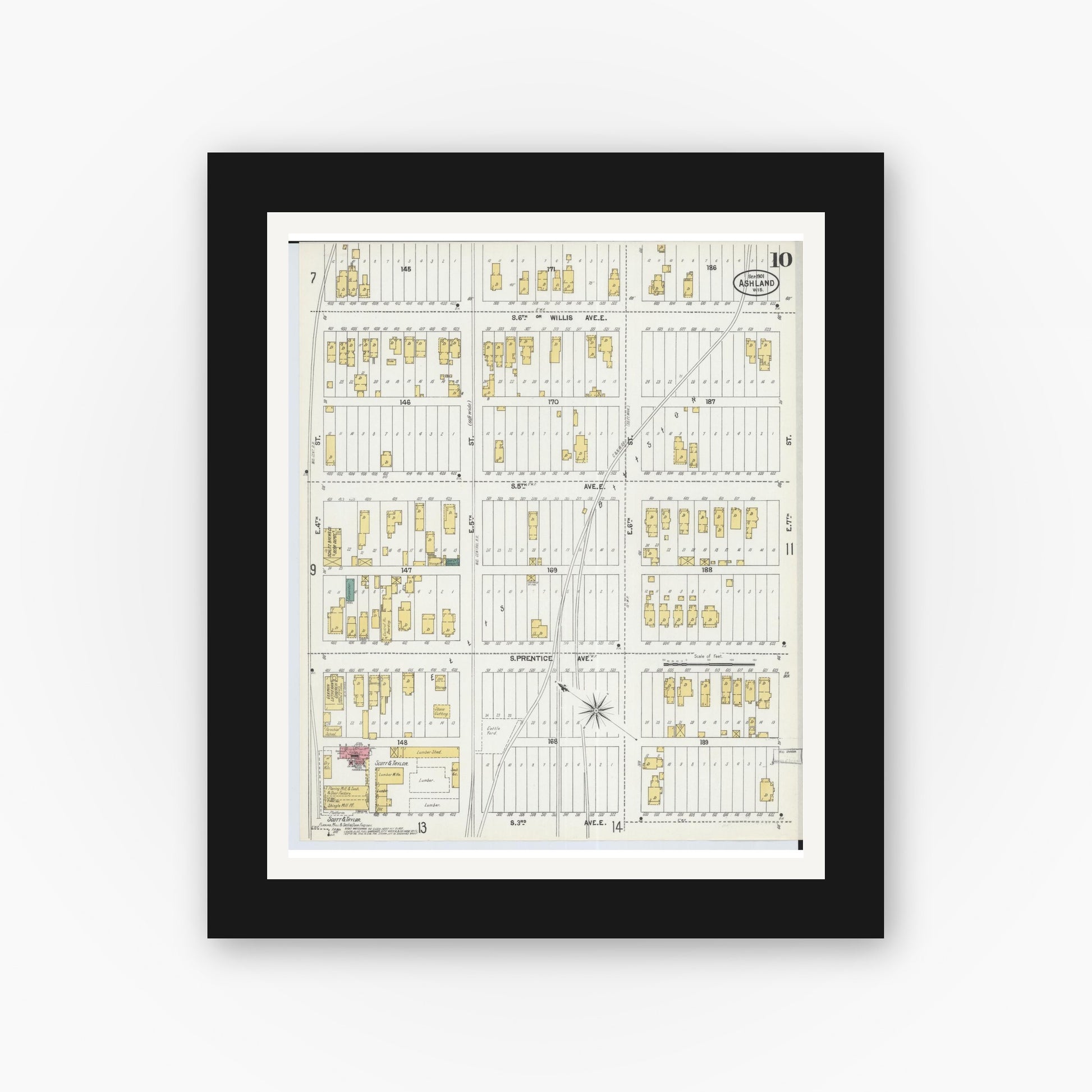 Old map wall art mockup — black gallery frame with white mat — Sanborn Fire Insurance Map from Ashland, Ashland County, Wisconsin (1901), Sheet #0010